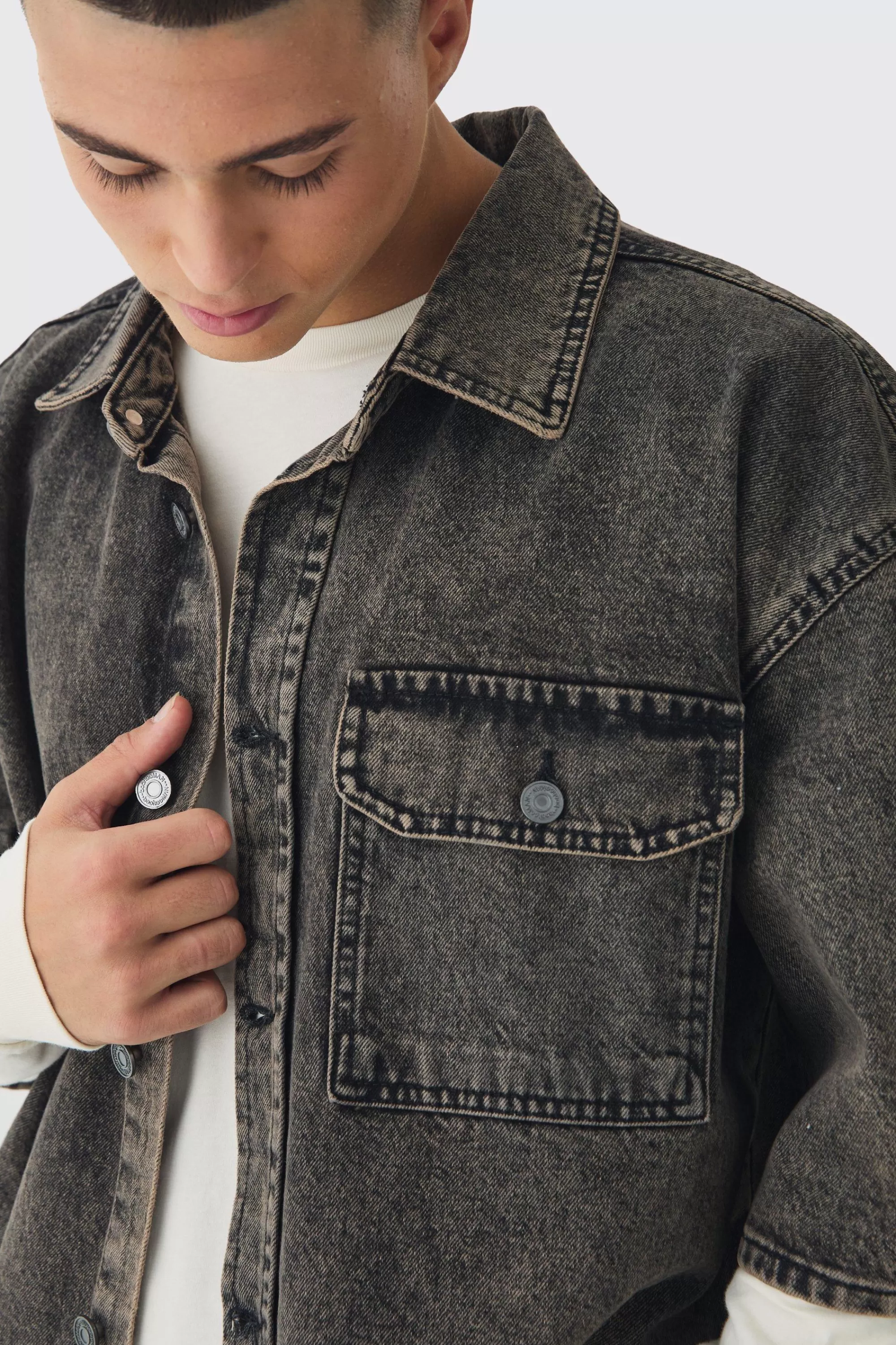 boohooMAN Oversized Boxy 3/4 Sleeve Denim Overshirt | UK