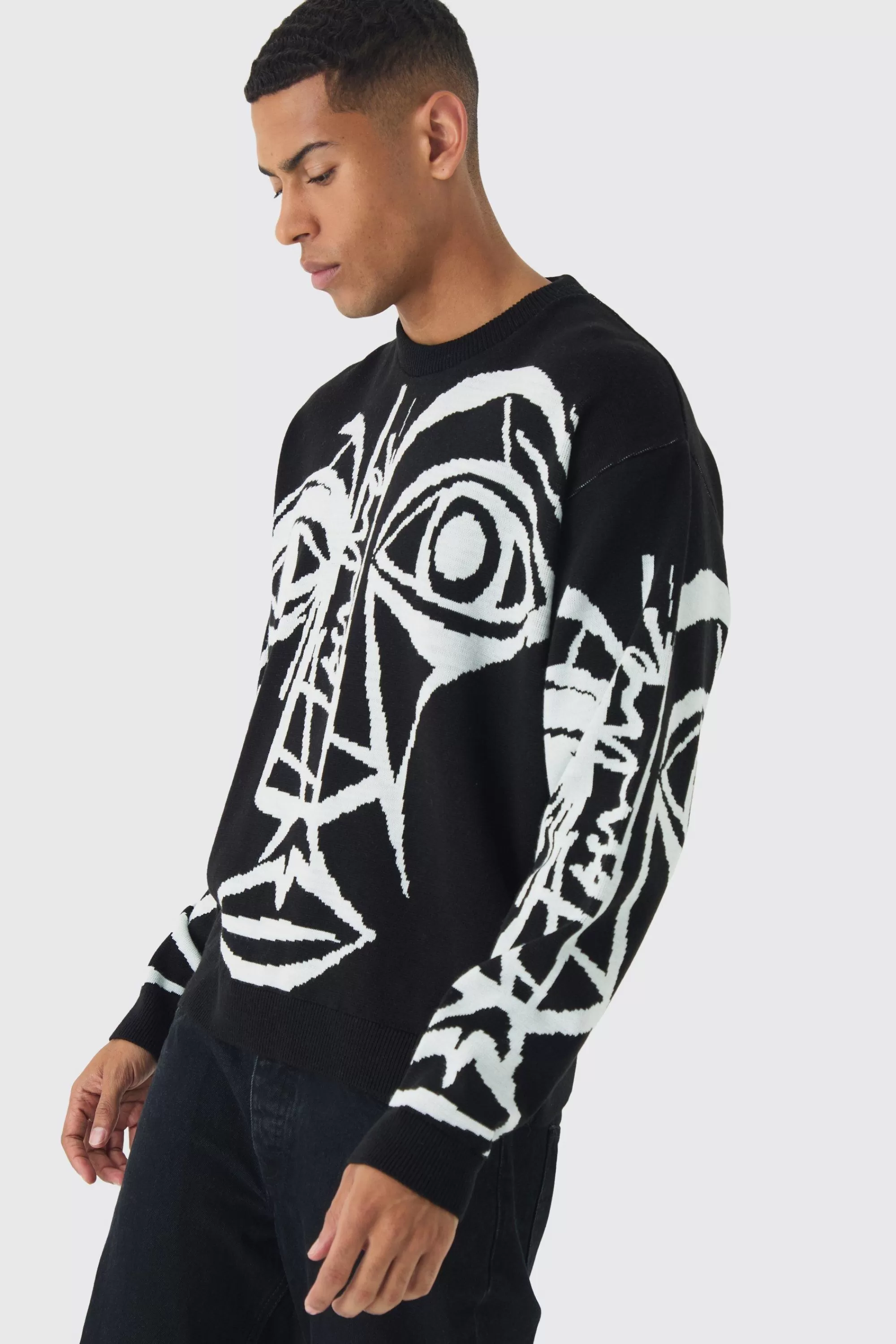 boohooMAN Oversized Boxy Abstract Line Face Knitted Jumper | UK