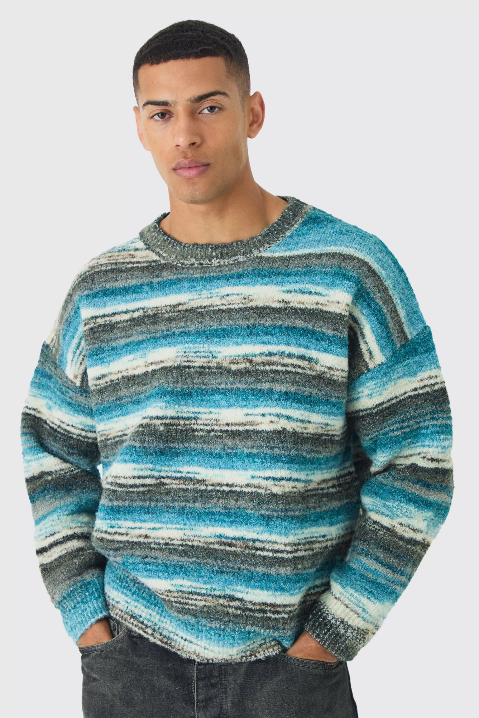 boohooMAN Oversized Boxy Abstract Stripe Knitted Jumper | UK