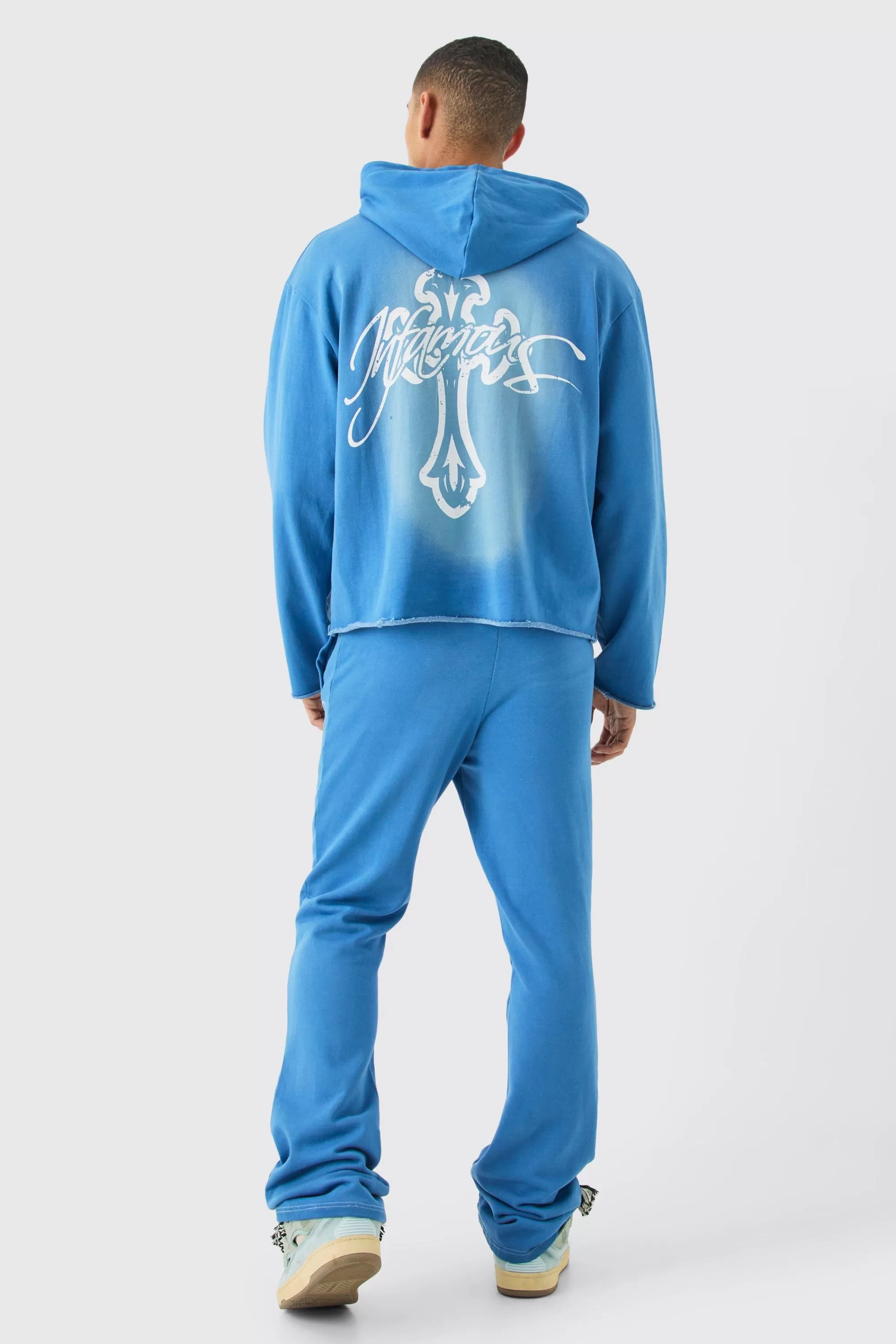 boohooMAN Oversized Boxy Acid Wash Graphic Raw Hem Tracksuit | UK