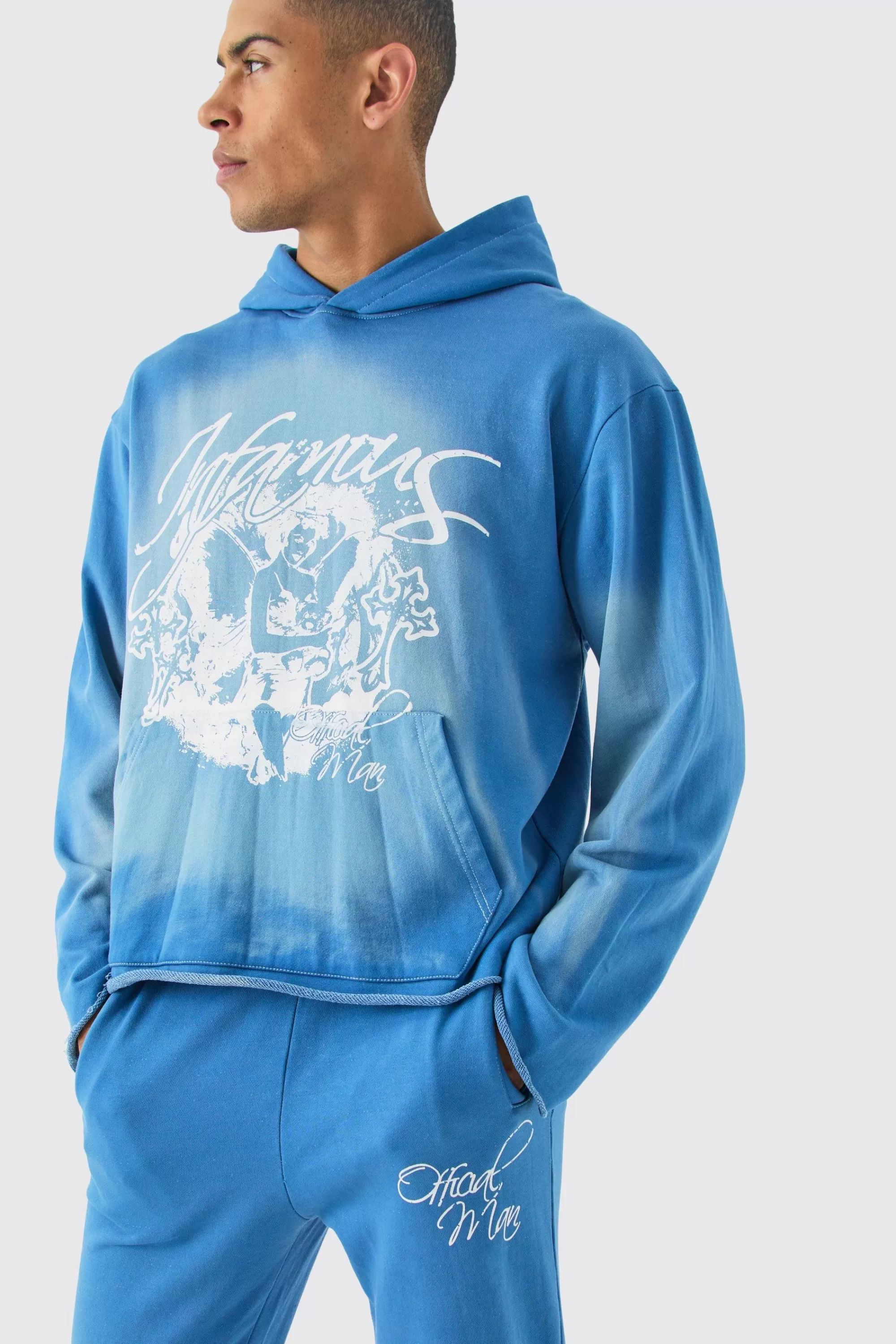 boohooMAN Oversized Boxy Acid Wash Graphic Raw Hem Tracksuit | UK
