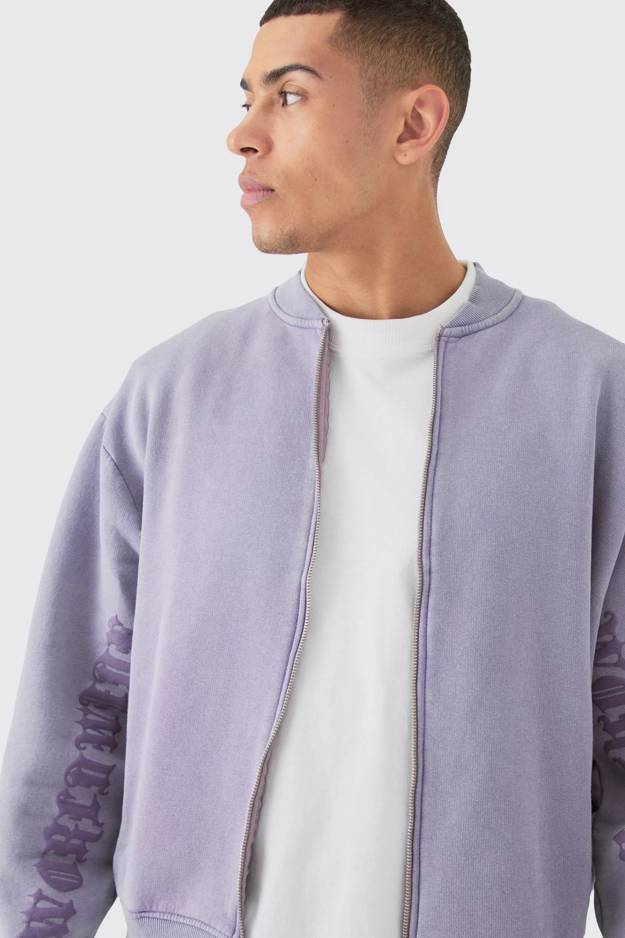 boohooMAN Oversized Boxy Acid Wash Jersey Bomber Jacket | UK