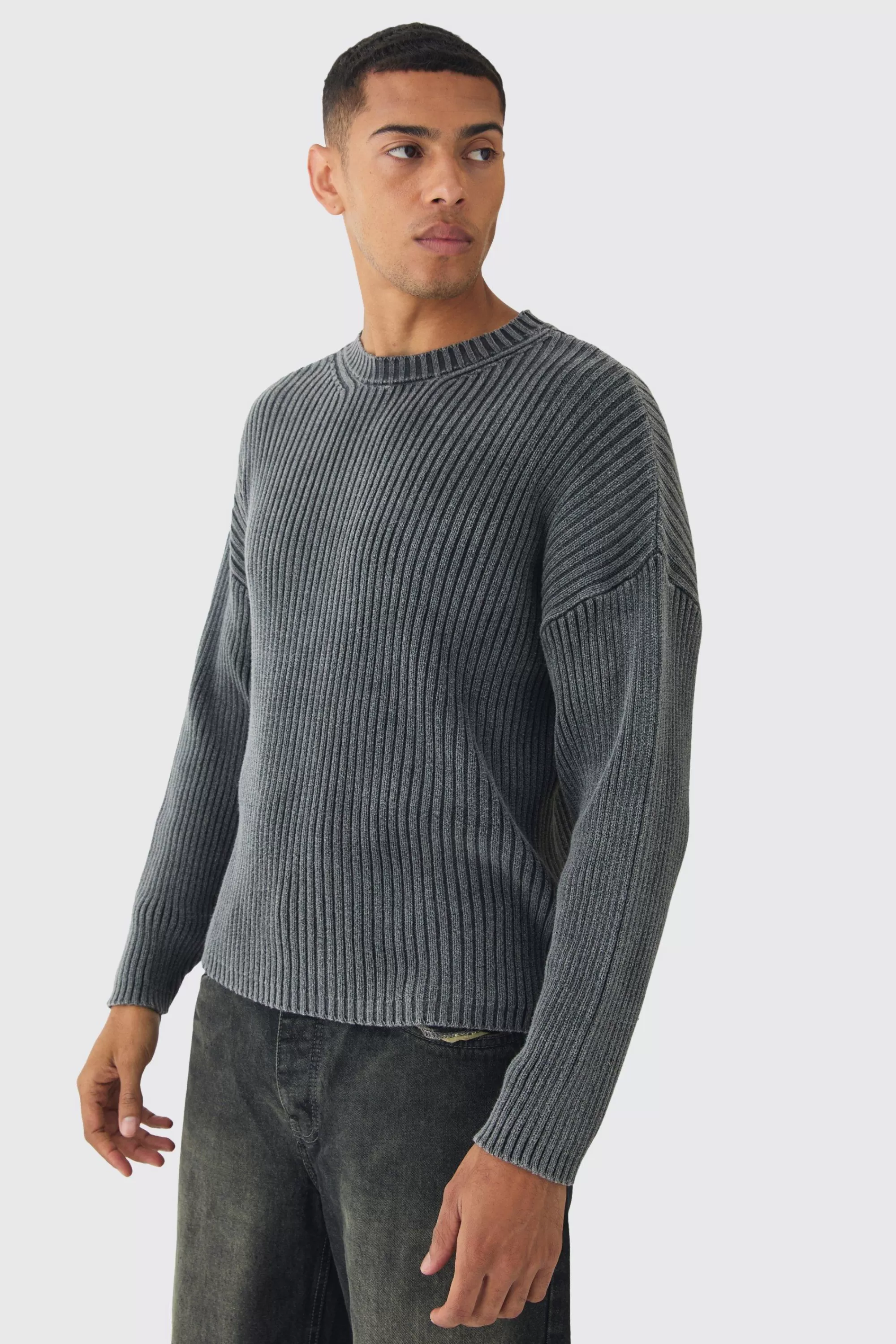 boohooMAN Oversized Boxy Acid Wash Jumper In | UK