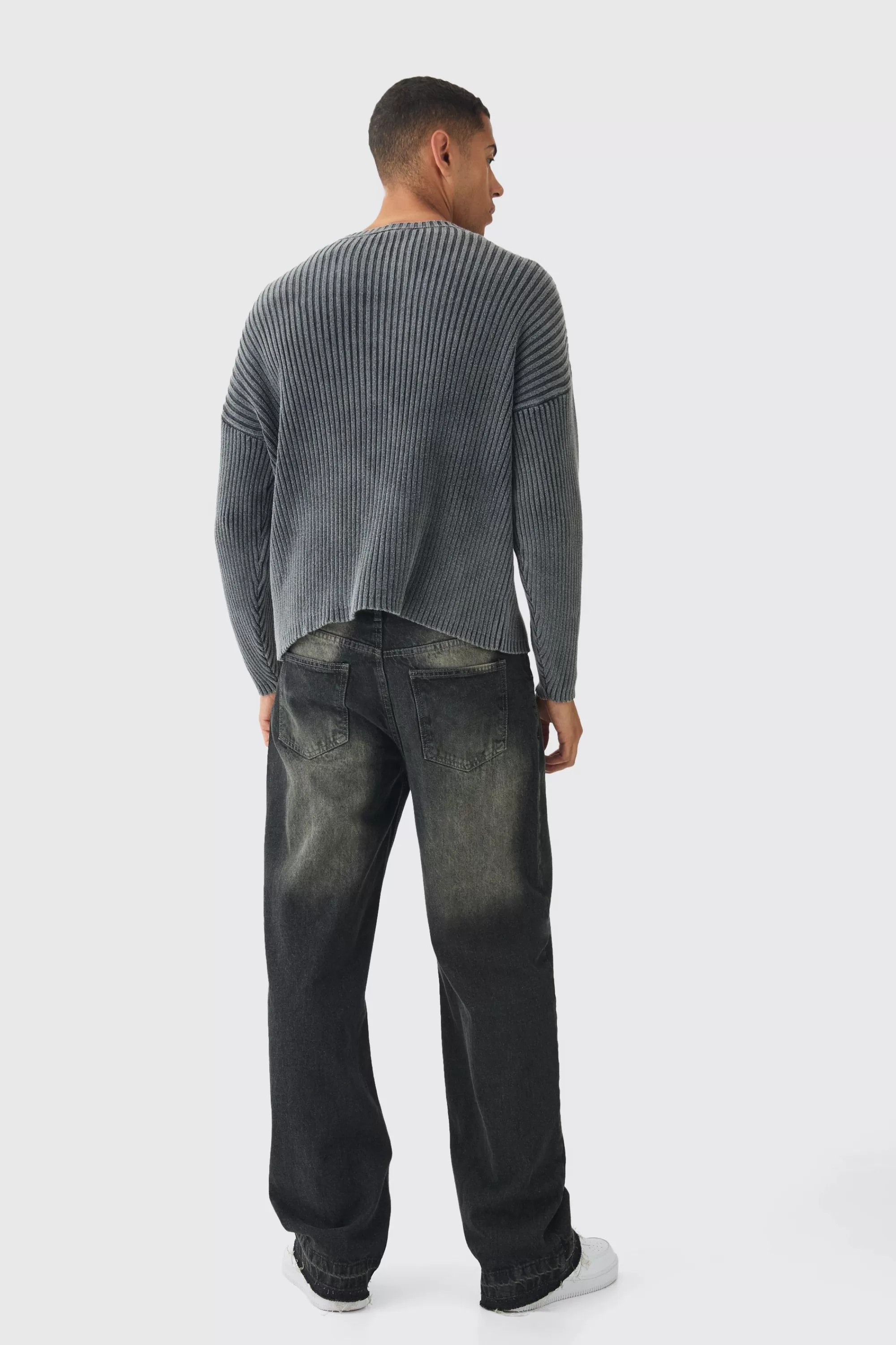 boohooMAN Oversized Boxy Acid Wash Jumper In | UK
