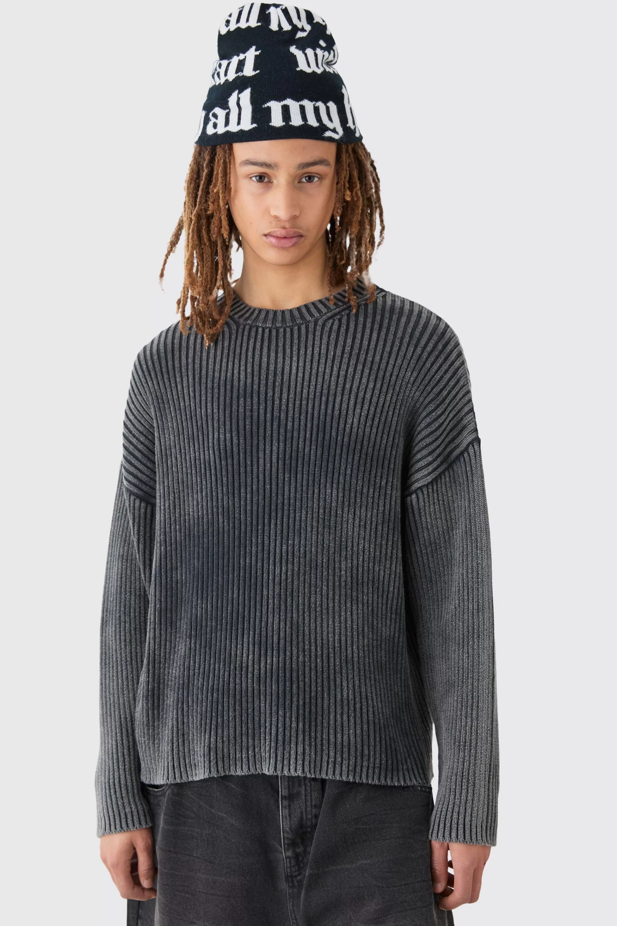 boohooMAN Oversized Boxy Acid Wash Jumper In | UK