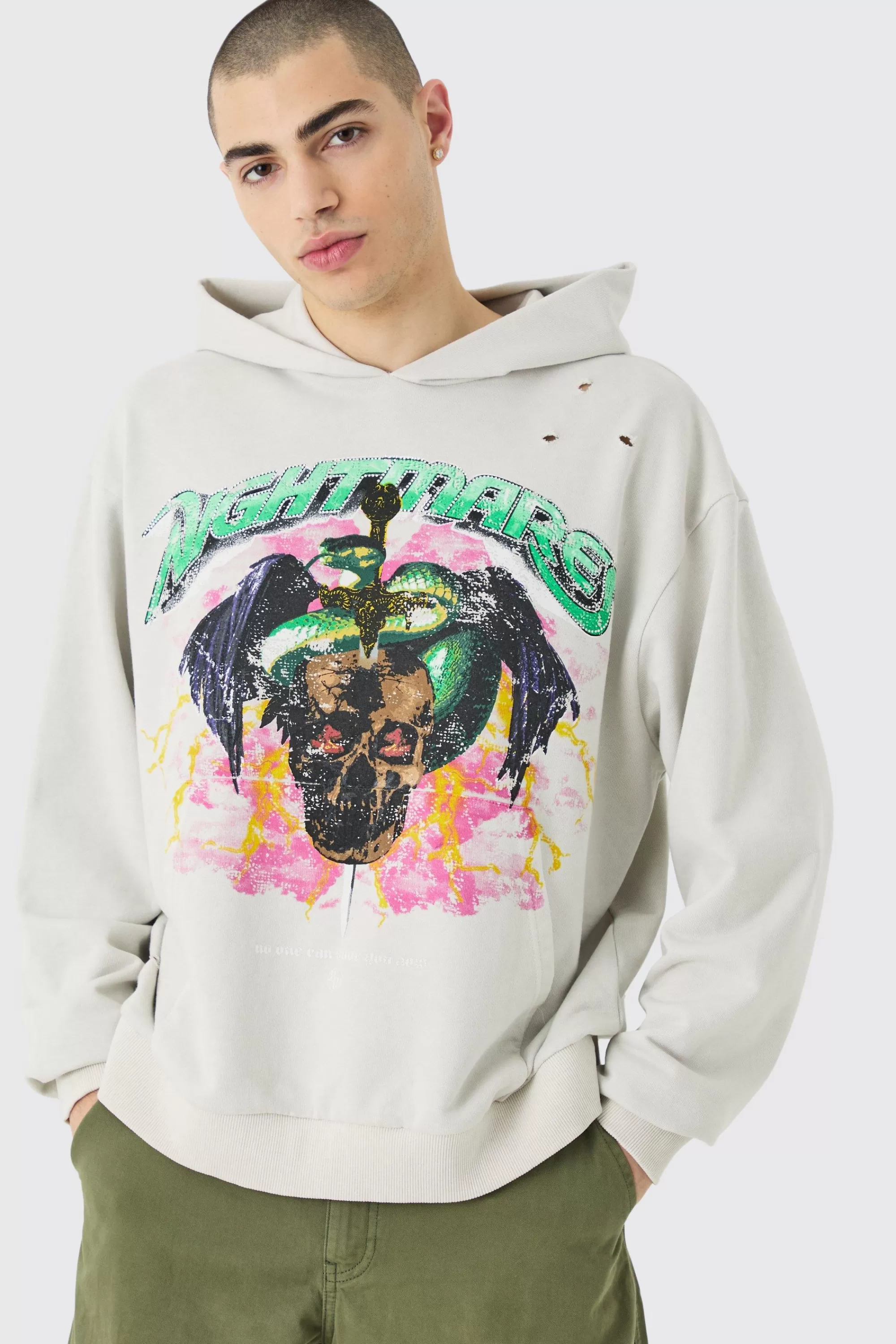 boohooMAN Oversized Boxy Acid Wash Rhinestone Loopback Hoodie | UK