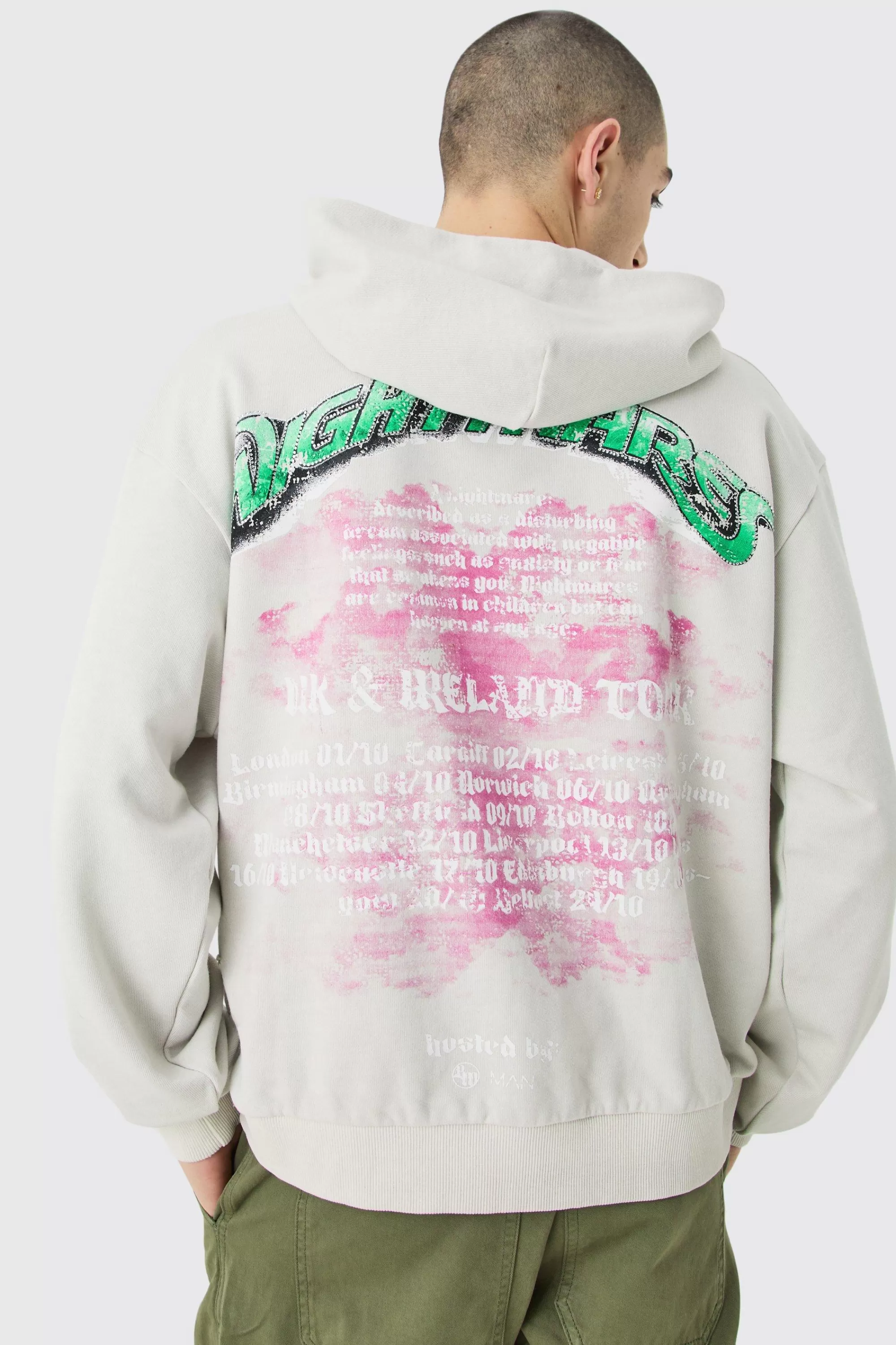 boohooMAN Oversized Boxy Acid Wash Rhinestone Loopback Hoodie | UK