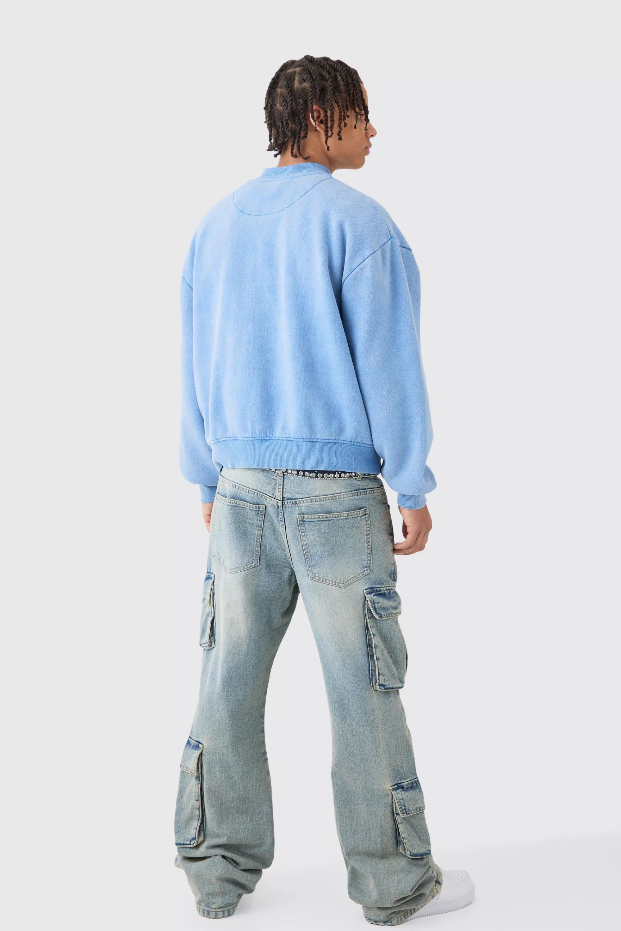 boohooMAN Oversized Boxy Acid Wash Star Applique Jersey Bomber Jacket | UK
