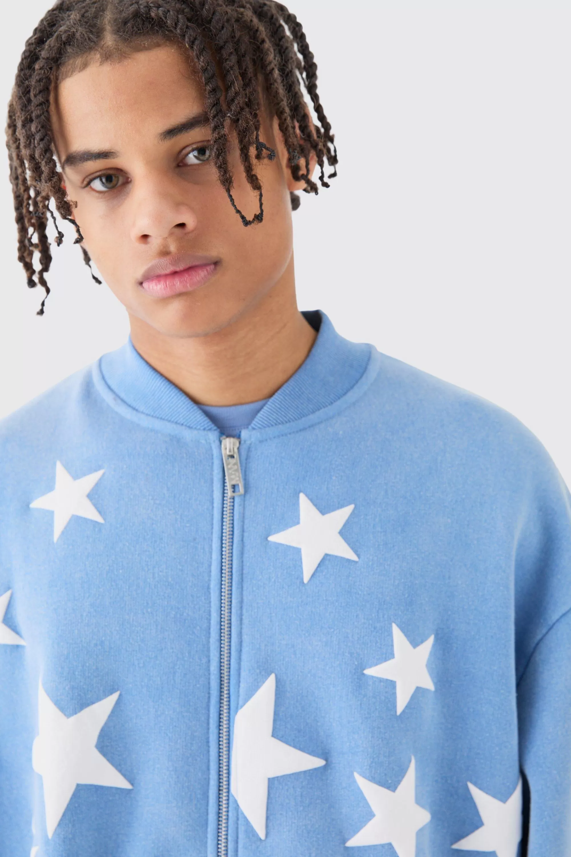 boohooMAN Oversized Boxy Acid Wash Star Applique Jersey Bomber Jacket | UK