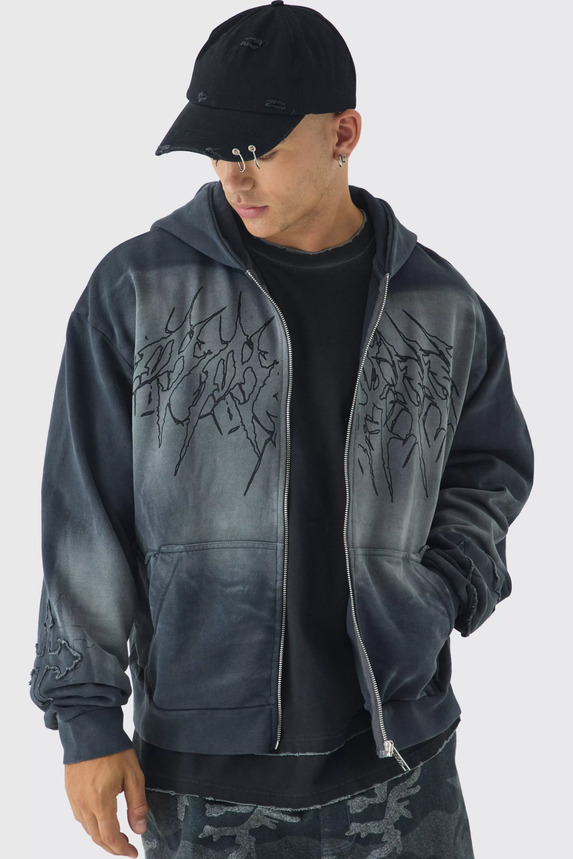 boohooMAN Oversized Boxy Acid Wash Studded Applique Hoodie | UK