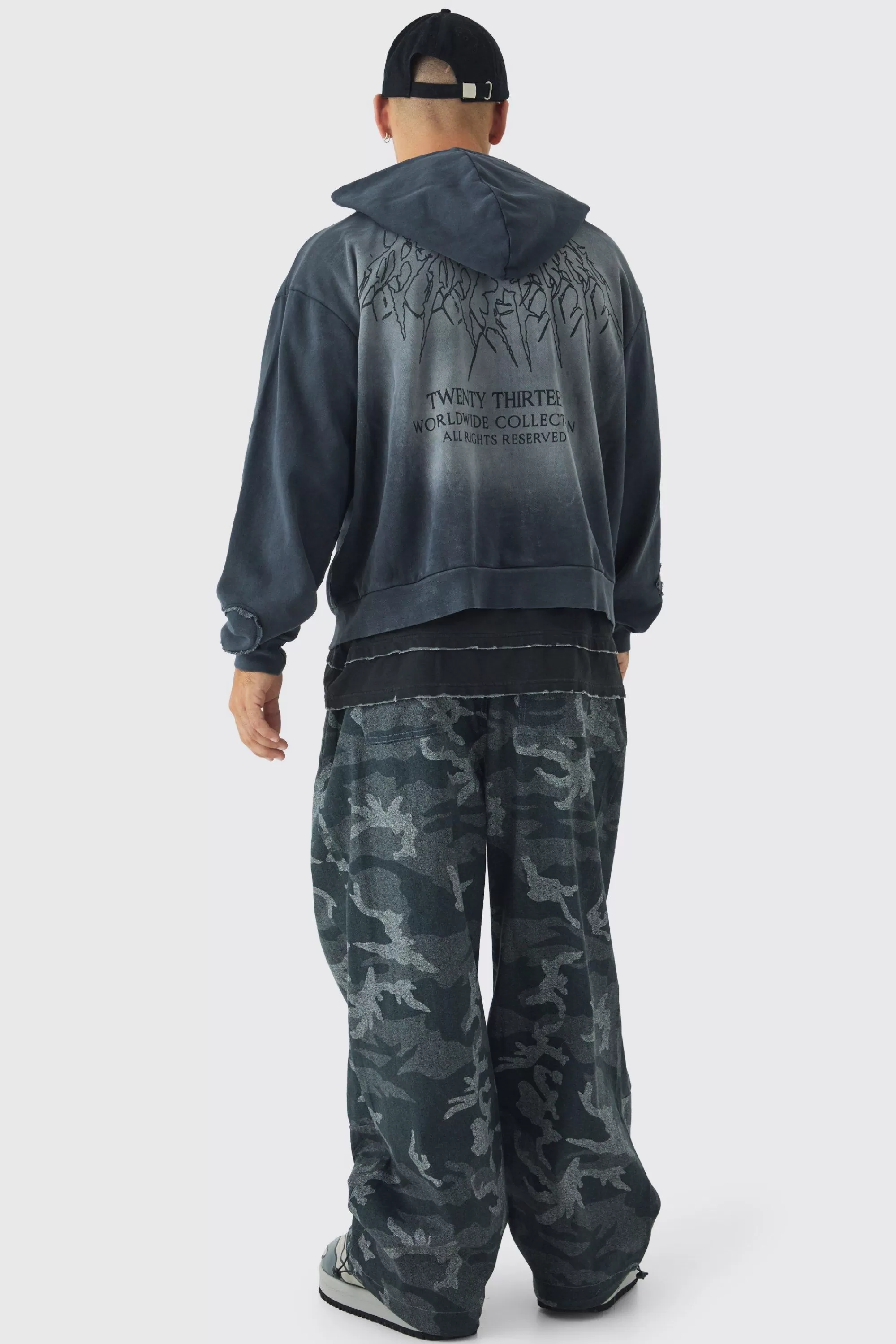 boohooMAN Oversized Boxy Acid Wash Studded Applique Hoodie | UK