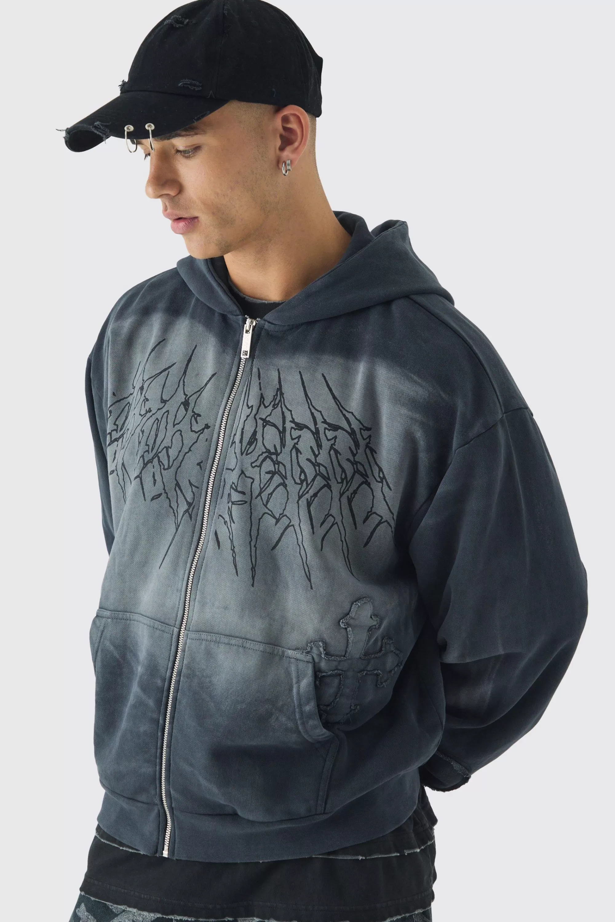 boohooMAN Oversized Boxy Acid Wash Studded Applique Hoodie | UK
