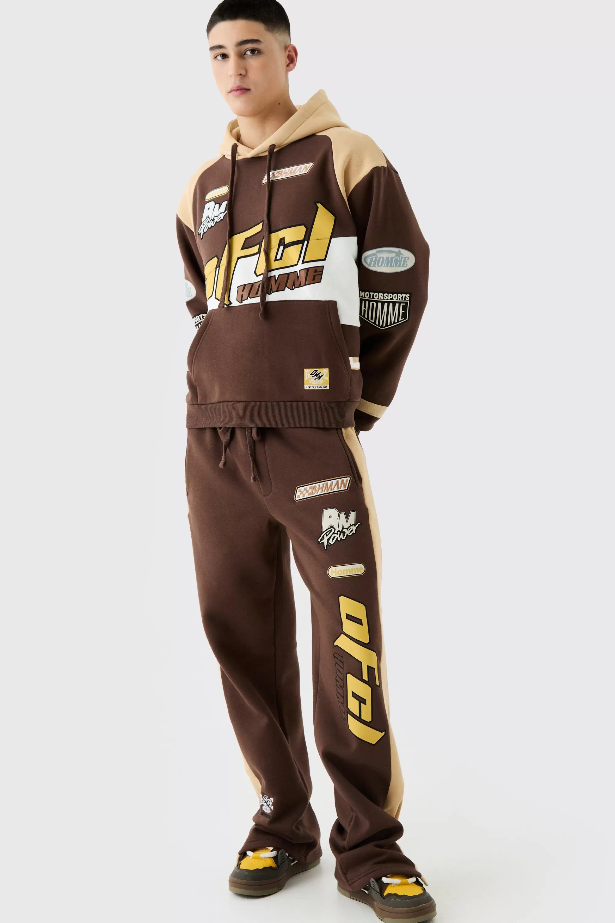 boohooMAN Oversized Boxy Applique Moto Hooded Tracksuit | UK