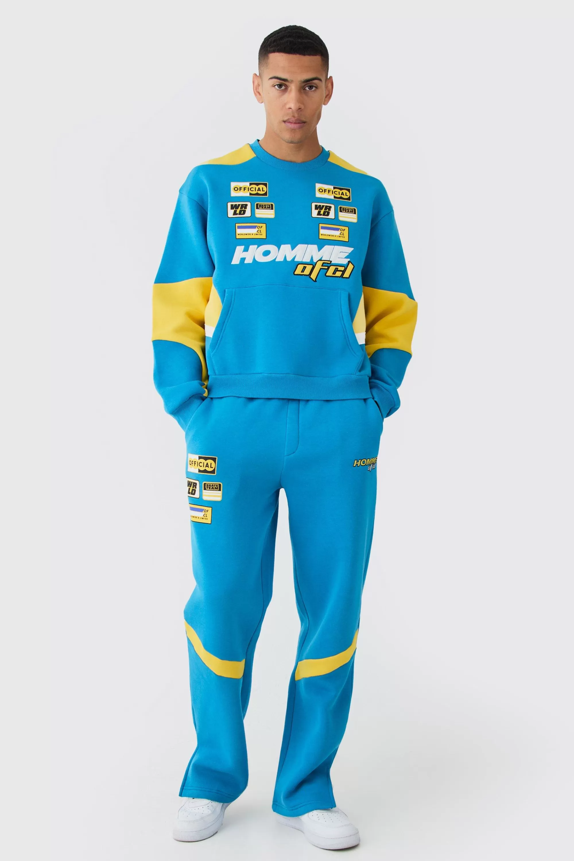 boohooMAN Oversized Boxy Applique Moto Sweatshirt Tracksuit | UK
