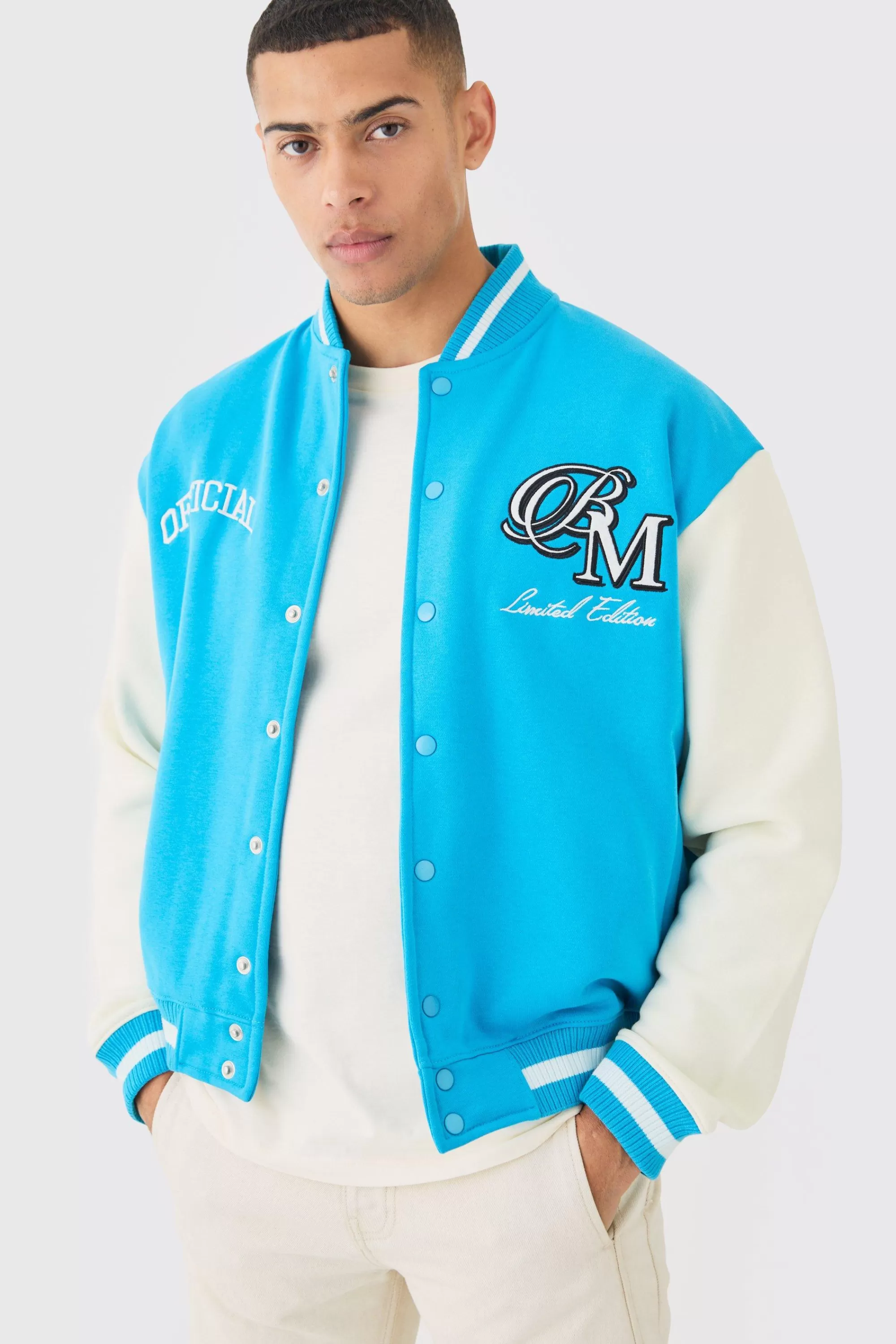 boohooMAN Oversized Boxy Applique Varsity Jersey Bomber Jacket | UK