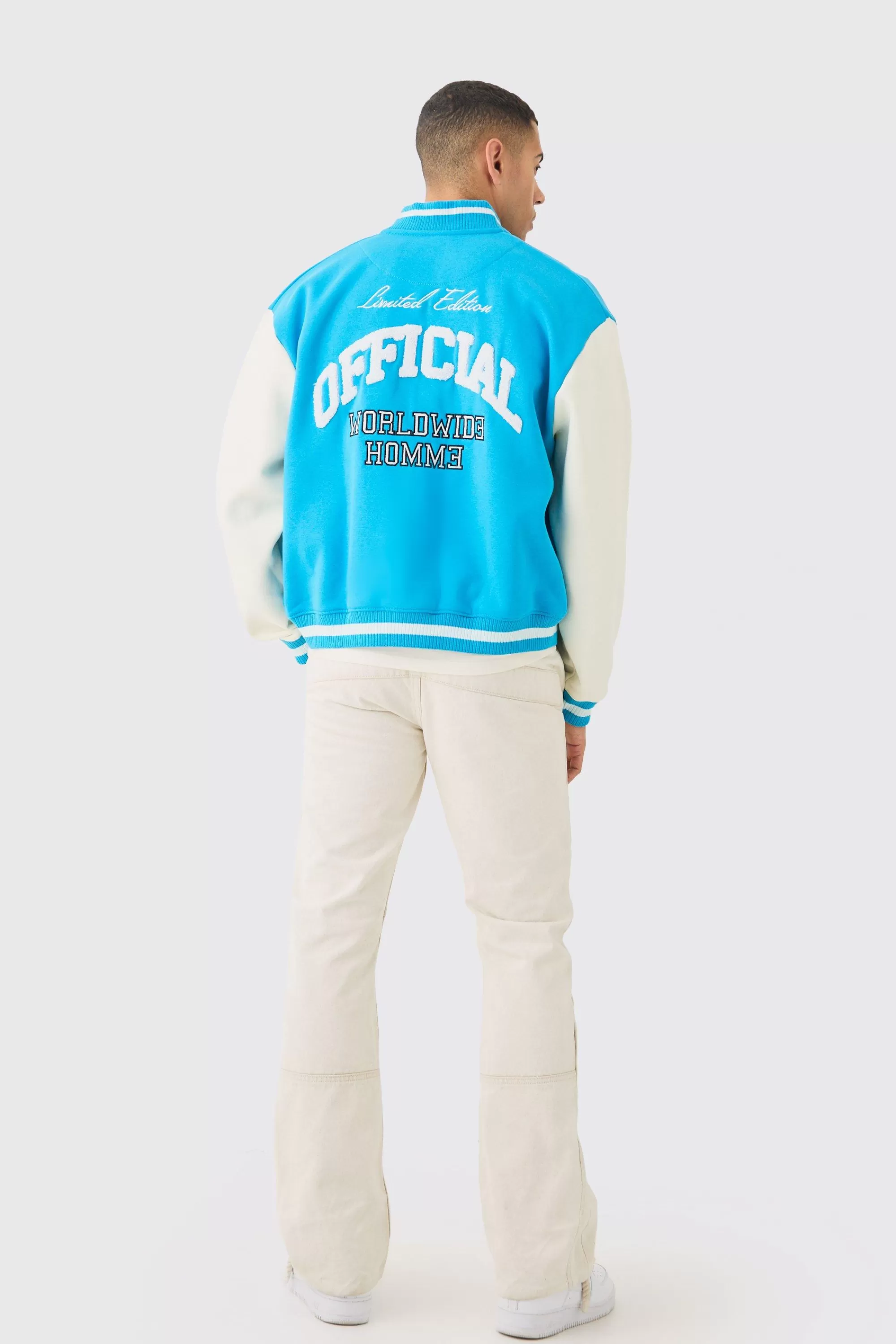 boohooMAN Oversized Boxy Applique Varsity Jersey Bomber Jacket | UK