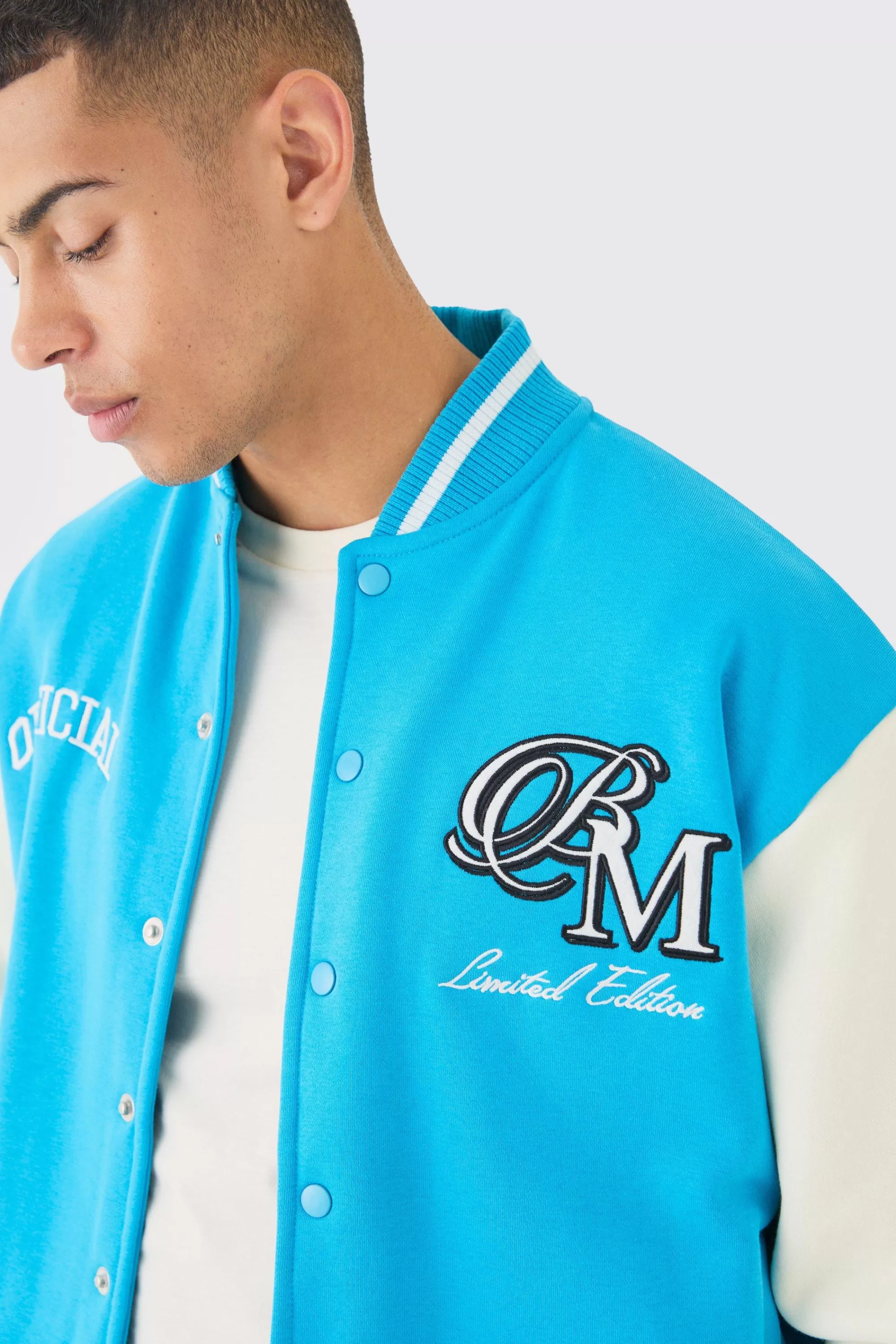 boohooMAN Oversized Boxy Applique Varsity Jersey Bomber Jacket | UK