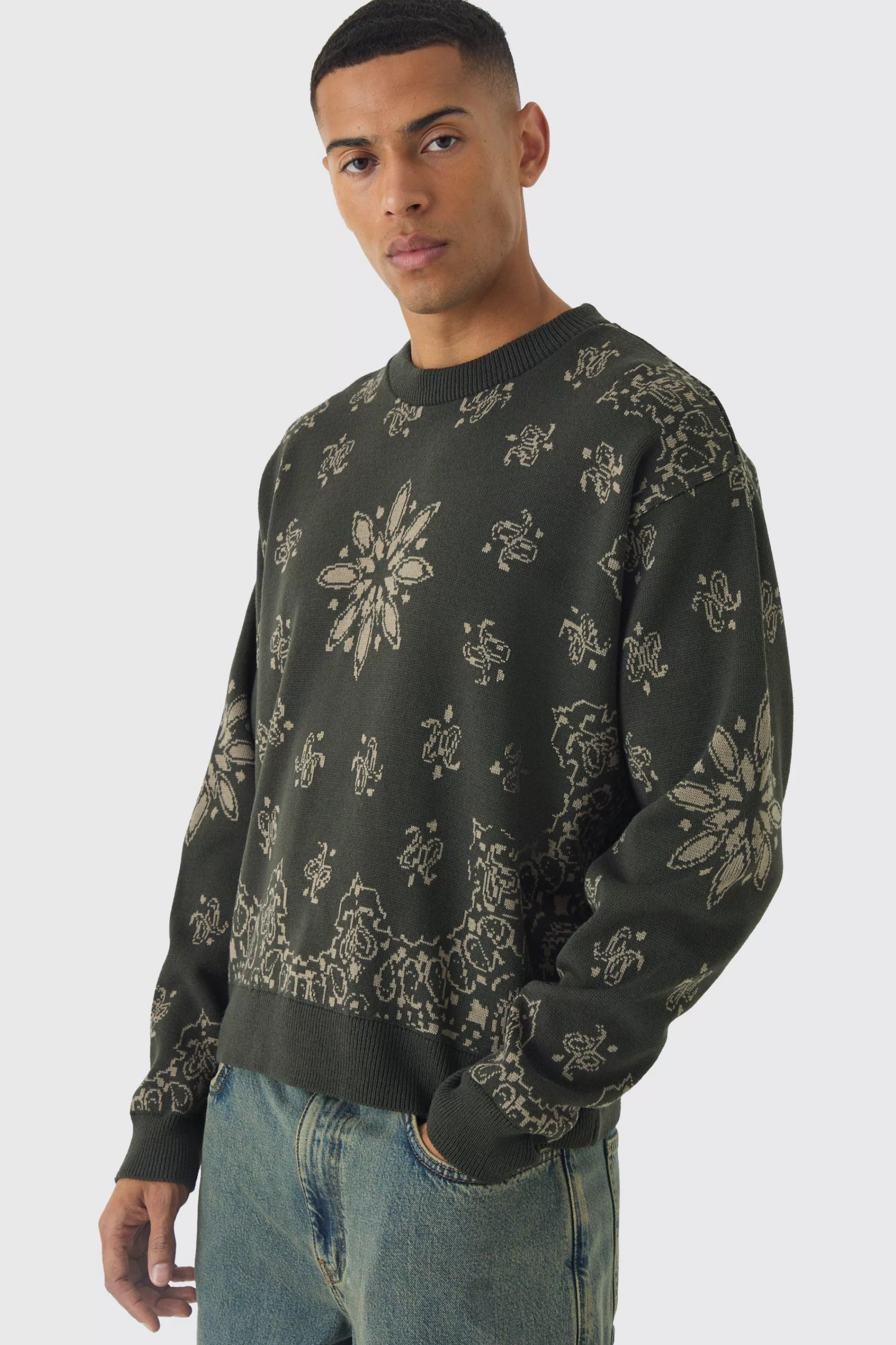 boohooMAN Oversized Boxy Bandana Print Knitted Jumper | UK
