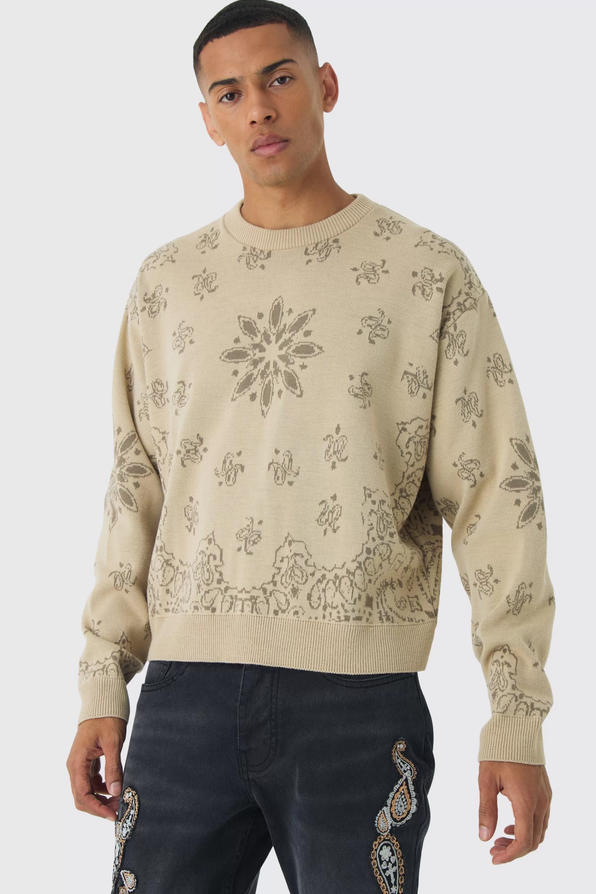 boohooMAN Oversized Boxy Bandana Print Knitted Jumper | UK