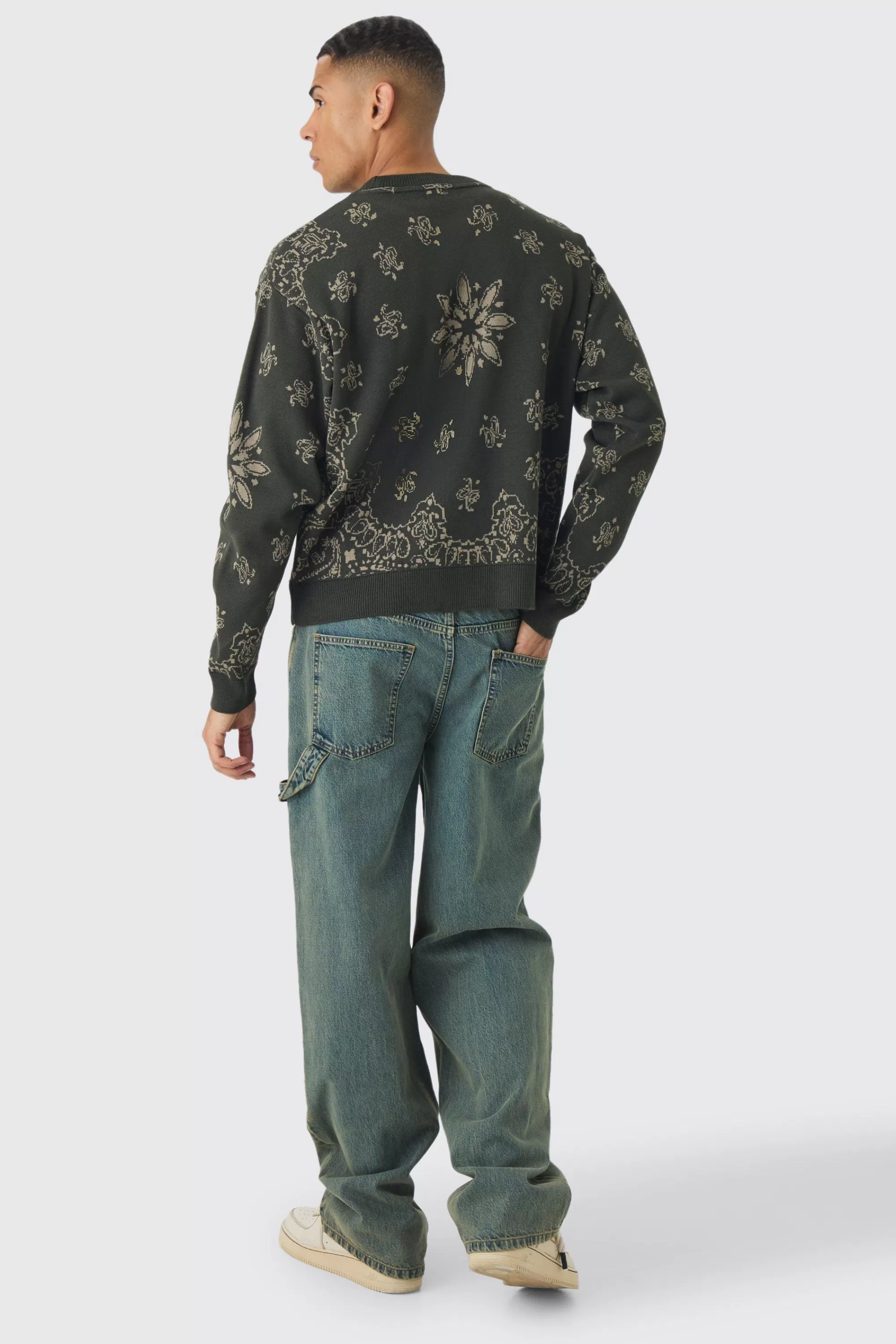 boohooMAN Oversized Boxy Bandana Print Knitted Jumper | UK
