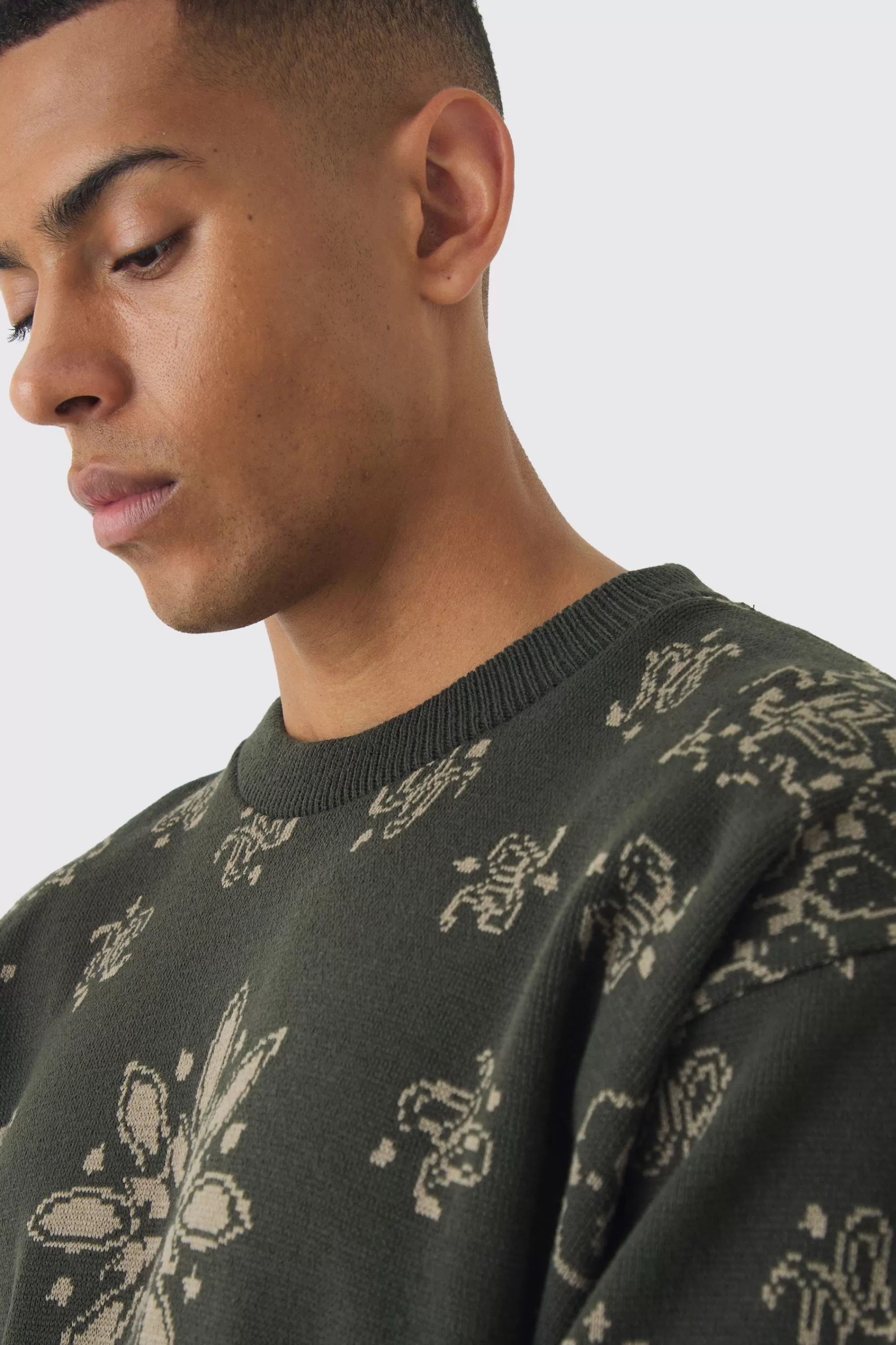boohooMAN Oversized Boxy Bandana Print Knitted Jumper | UK