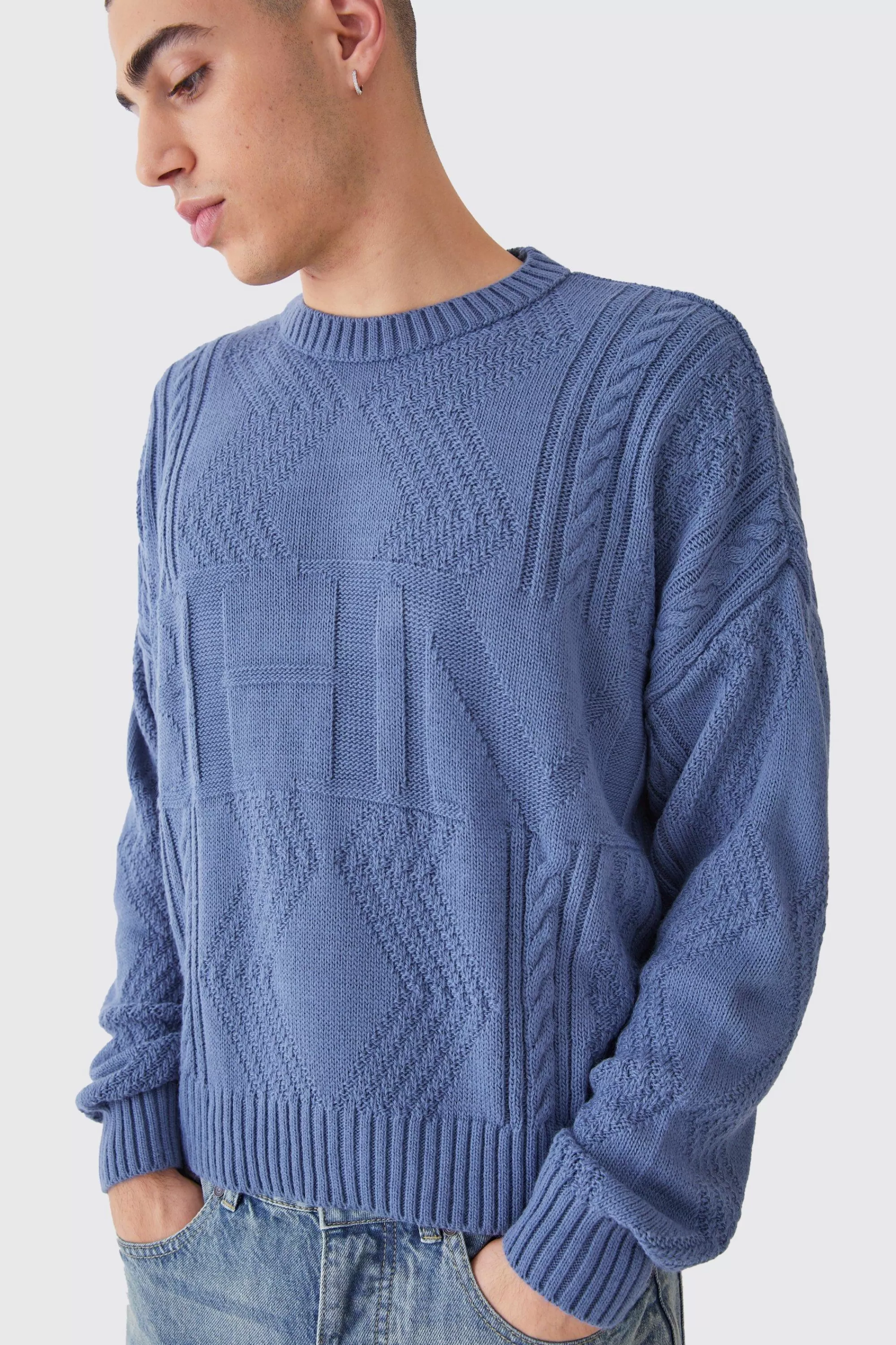 boohooMAN Oversized Boxy Bhm Cable Knit Jumper | UK