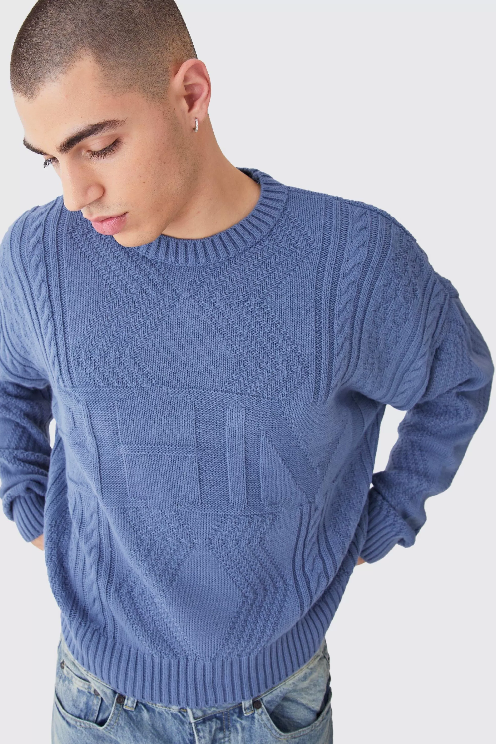 boohooMAN Oversized Boxy Bhm Cable Knit Jumper | UK