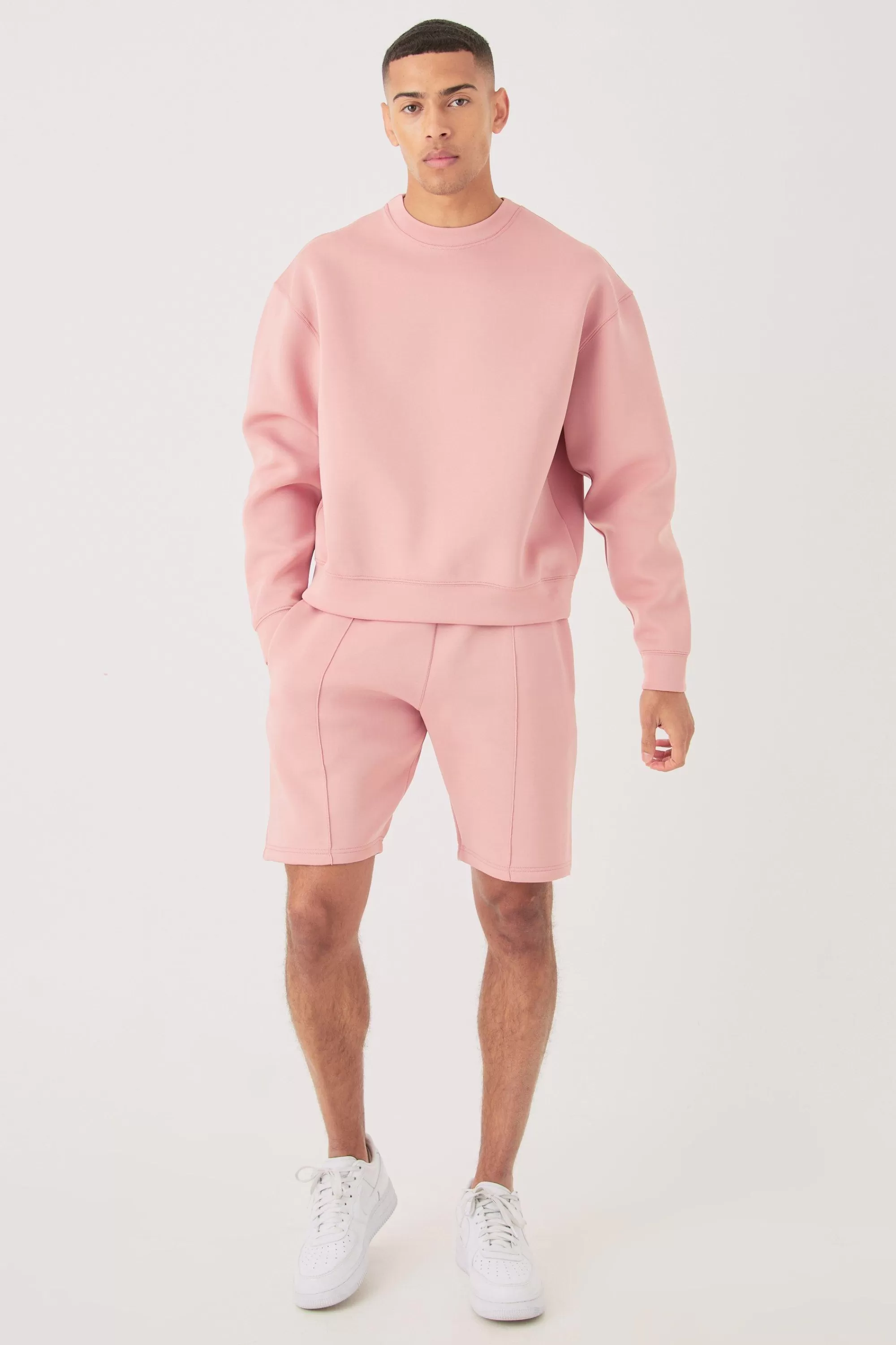 boohooMAN Oversized Boxy Bonded Scuba Sweater Short Tracksuit | UK