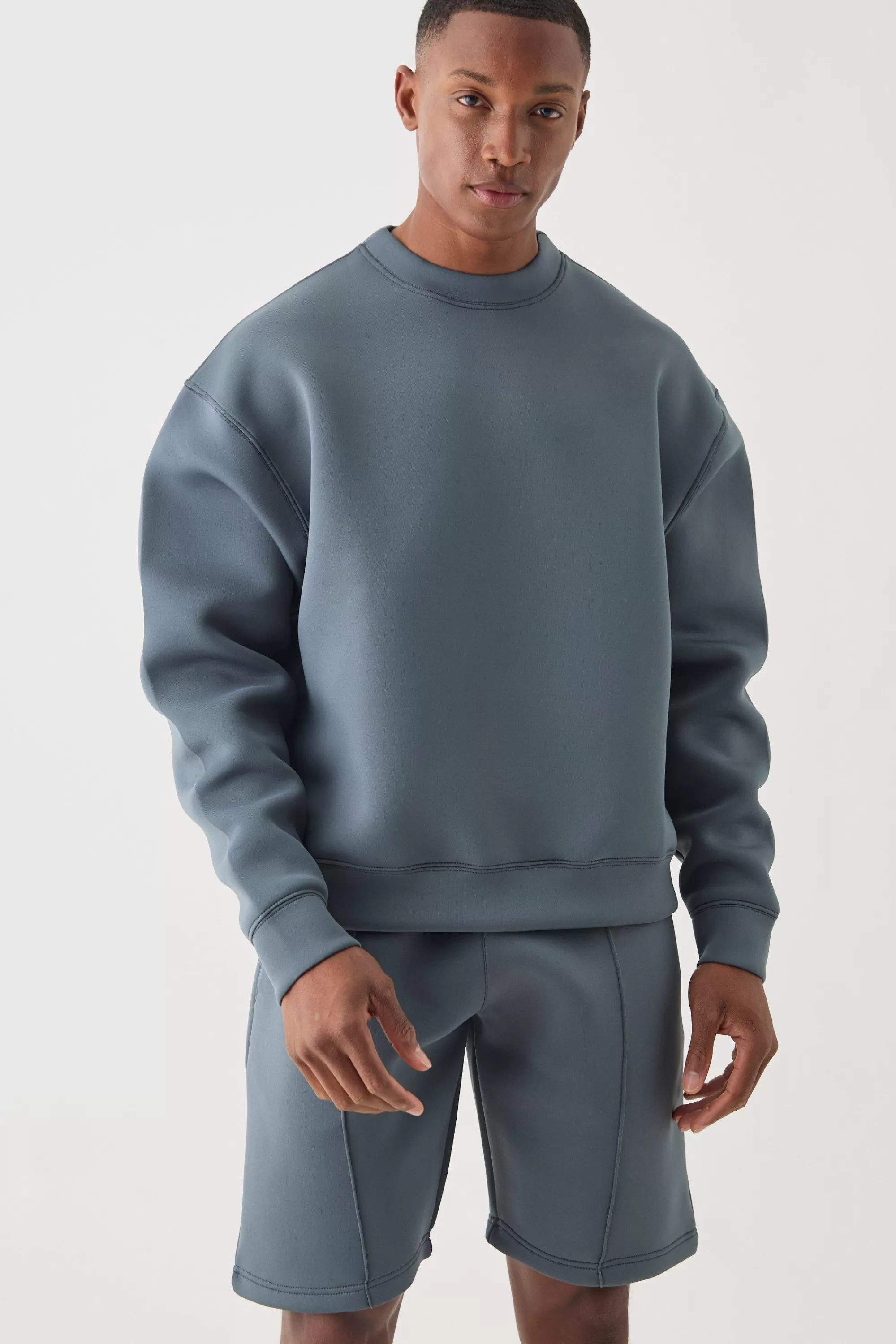 boohooMAN Oversized Boxy Bonded Scuba Sweater Short Tracksuit | UK