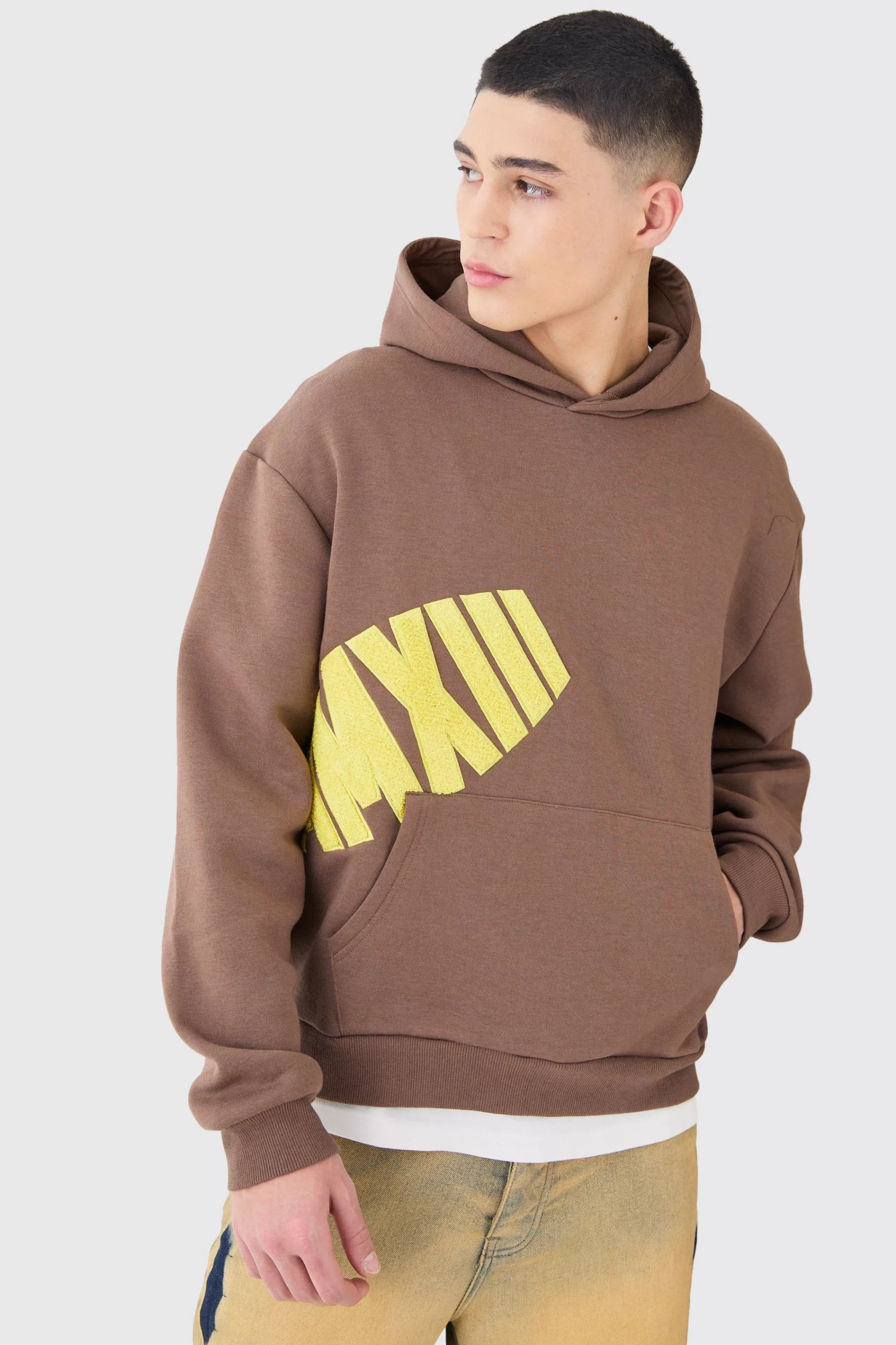 boohooMAN Oversized Boxy Borg Applique Hoodie | UK