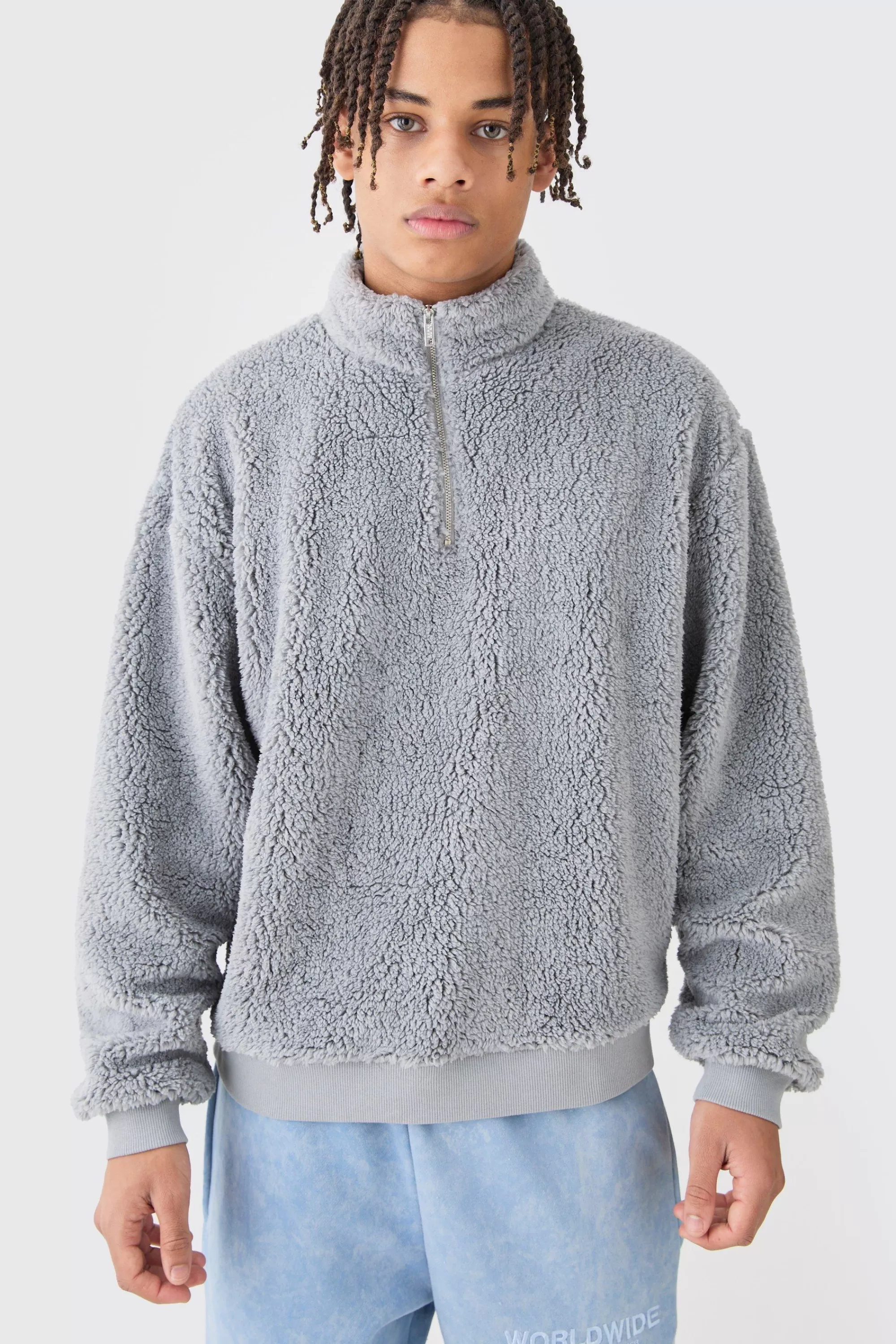 boohooMAN Oversized Boxy Borg Funnel Neck Sweatshirt | UK