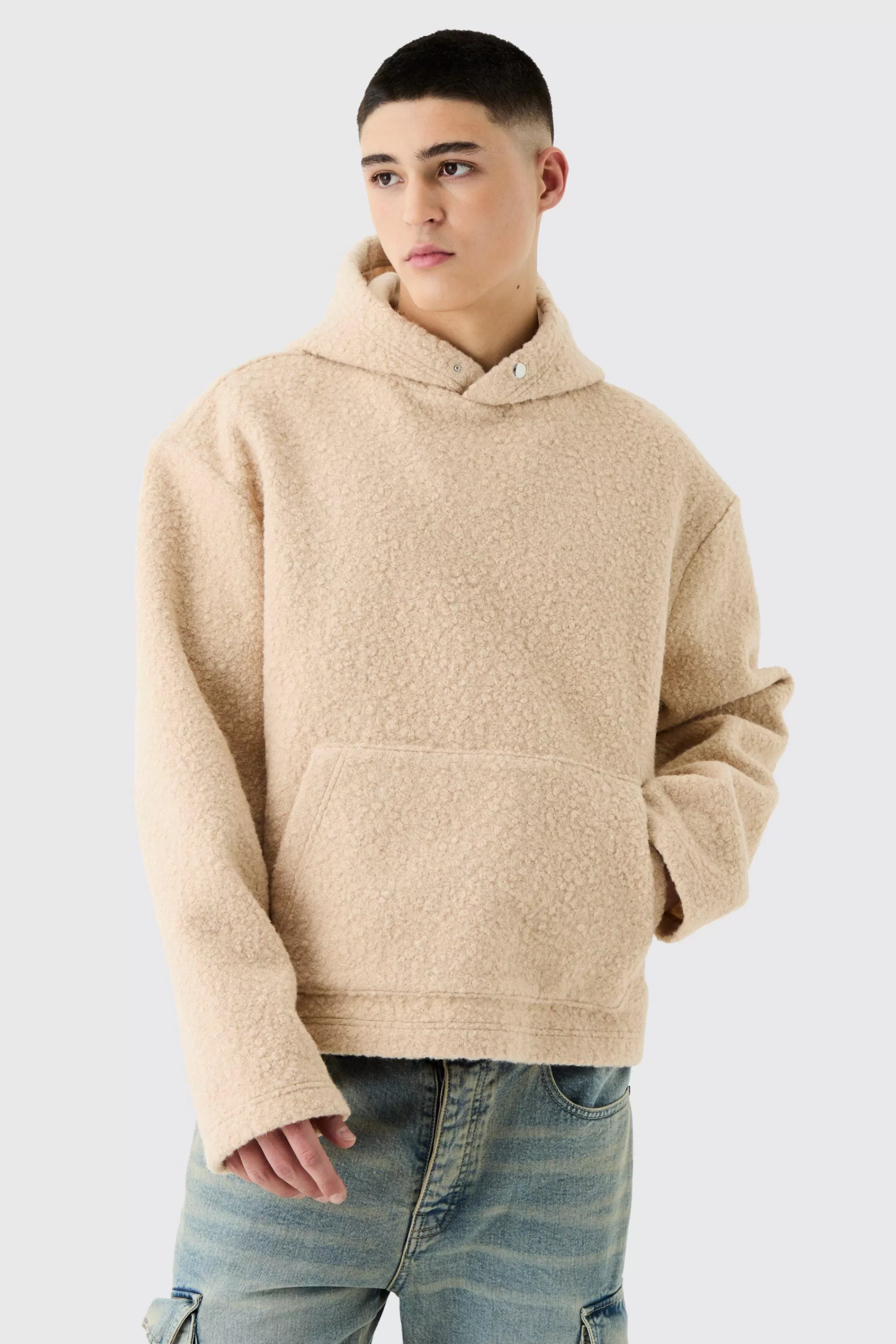 boohooMAN Oversized Boxy Boucle Borg Hoodie | UK
