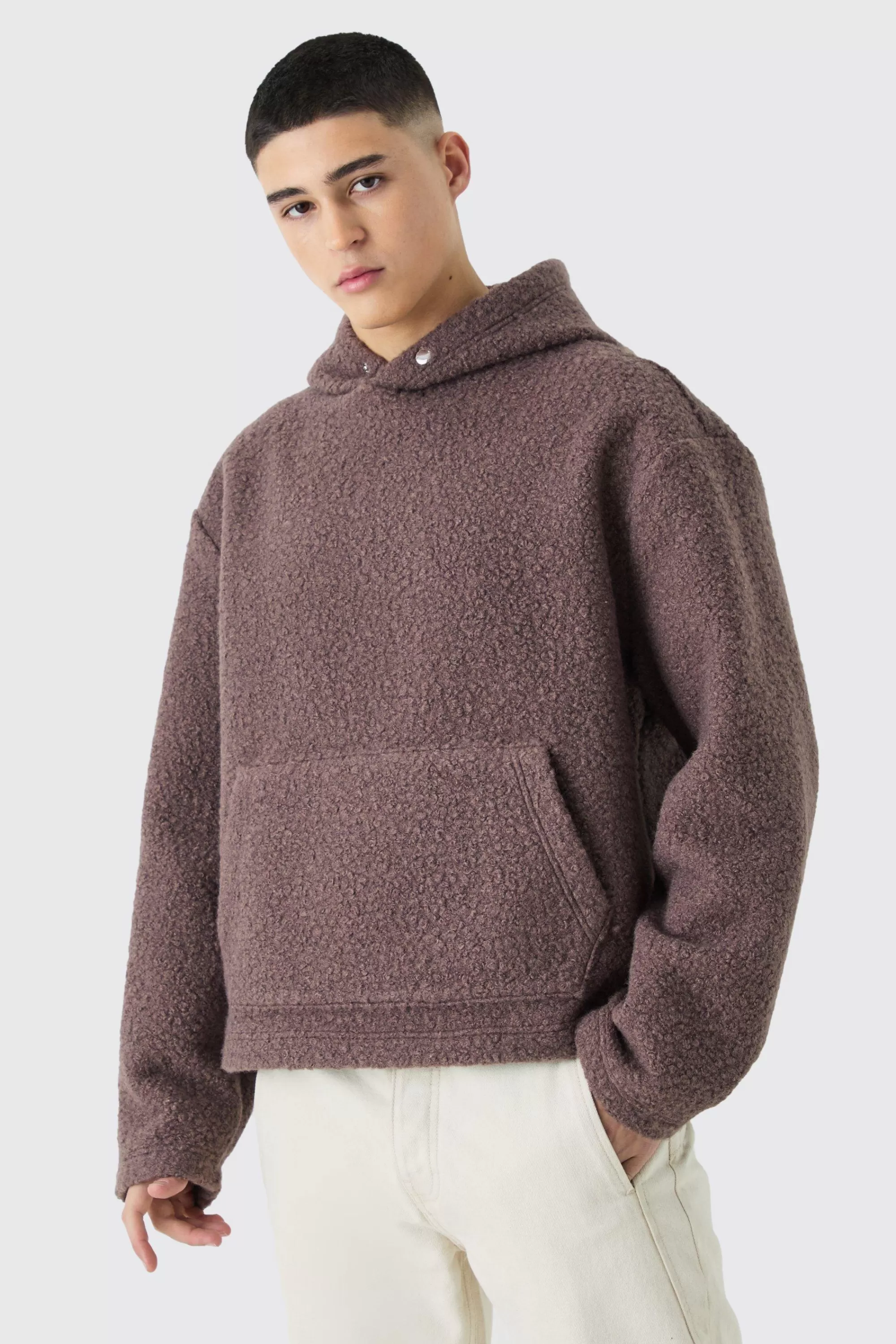 boohooMAN Oversized Boxy Boucle Borg Hoodie | UK