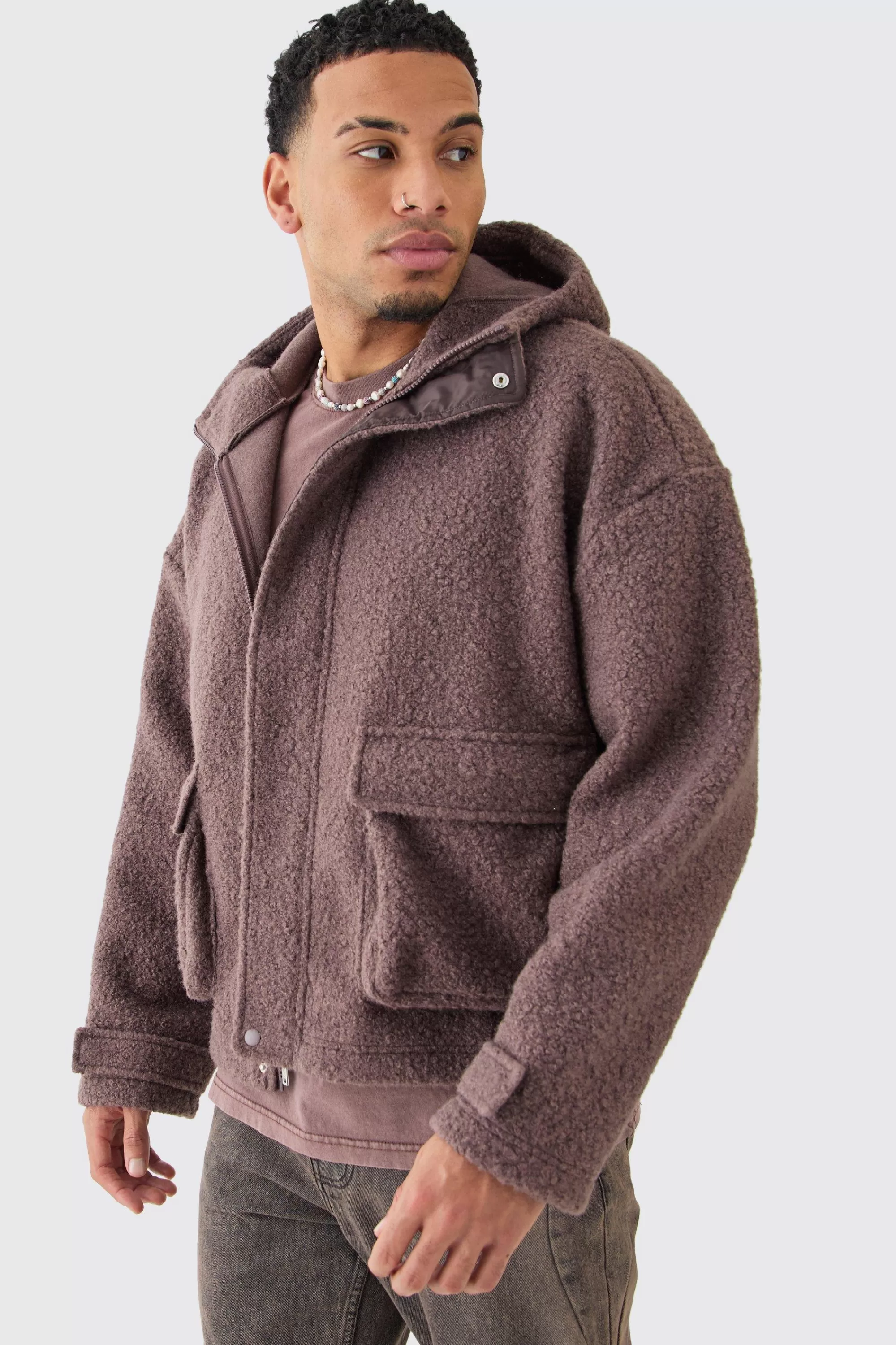 boohooMAN Oversized Boxy Boucle Borg Zip Thru Cargo Hoodie | UK
