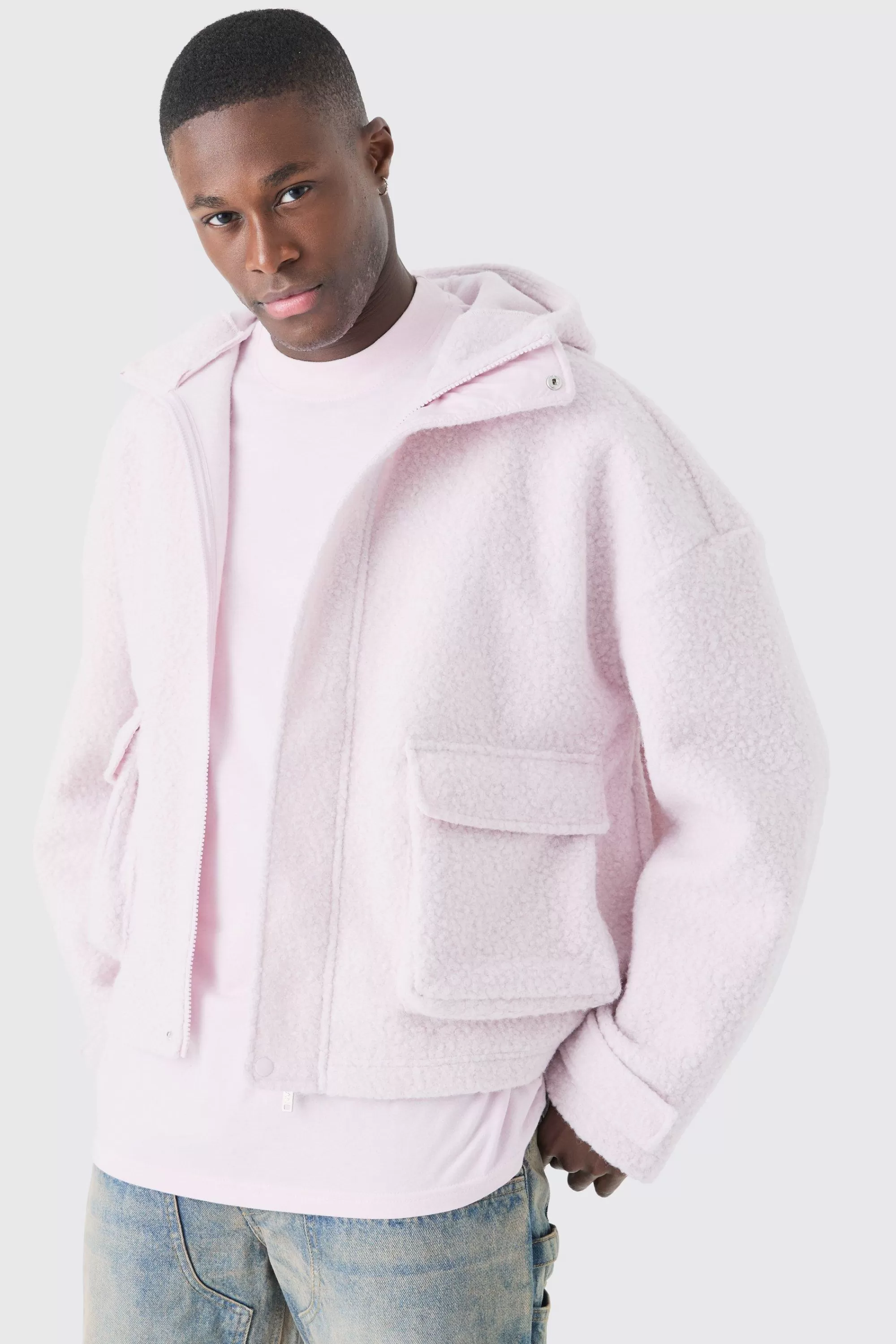 boohooMAN Oversized Boxy Boucle Borg Zip Thru Cargo Hoodie | UK