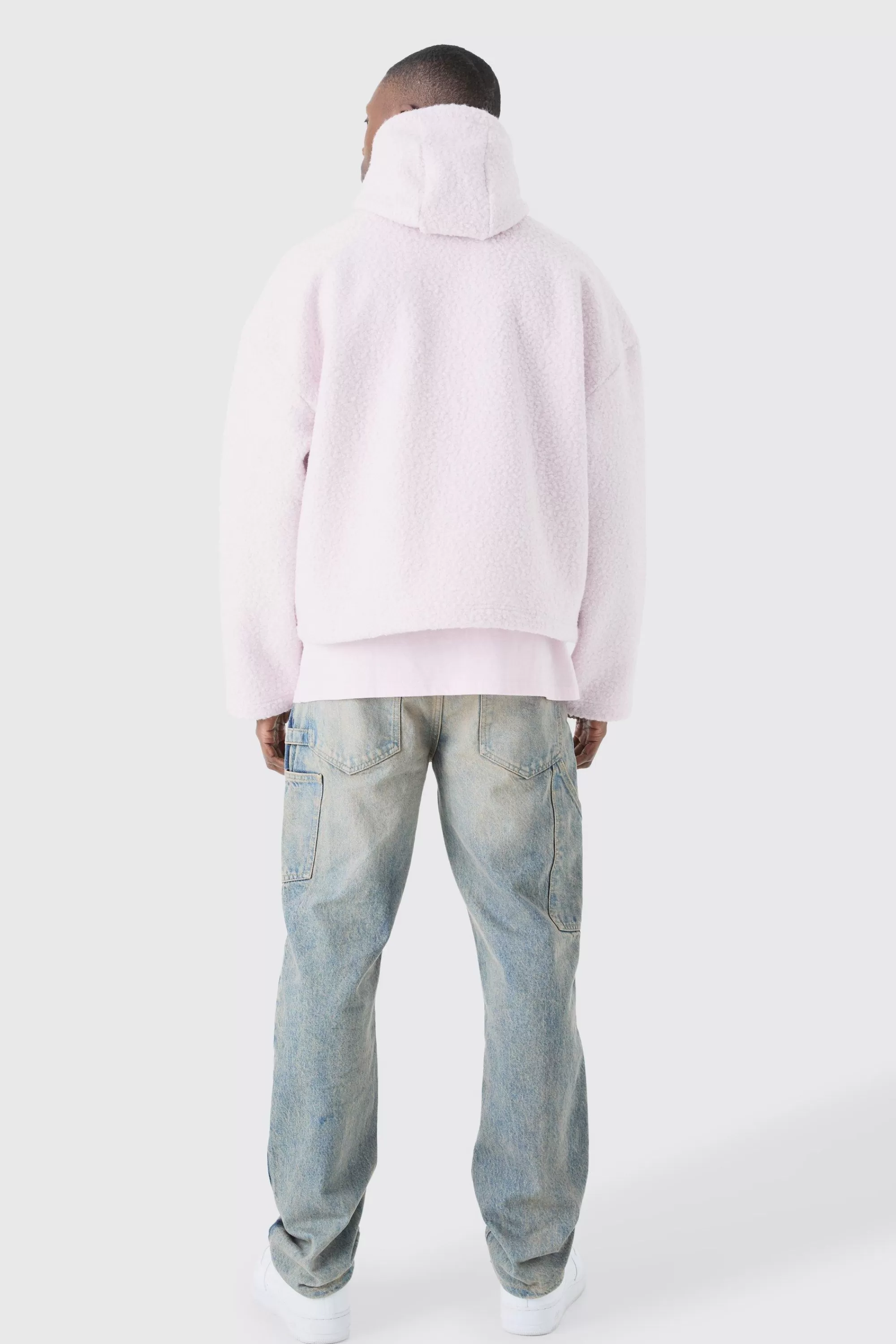 boohooMAN Oversized Boxy Boucle Borg Zip Thru Cargo Hoodie | UK