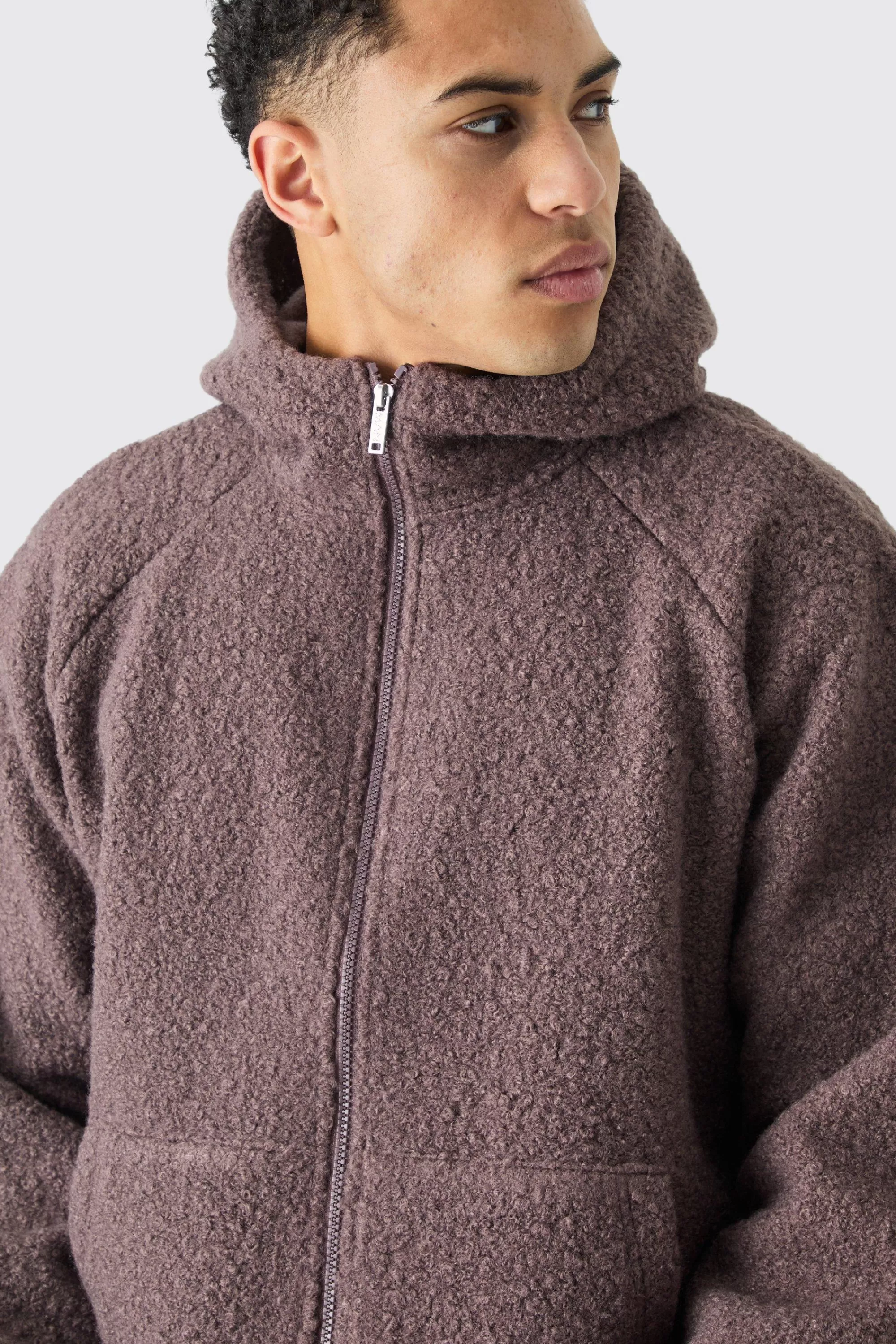 boohooMAN Oversized Boxy Boucle Borg Zip Thru Hoodie | UK