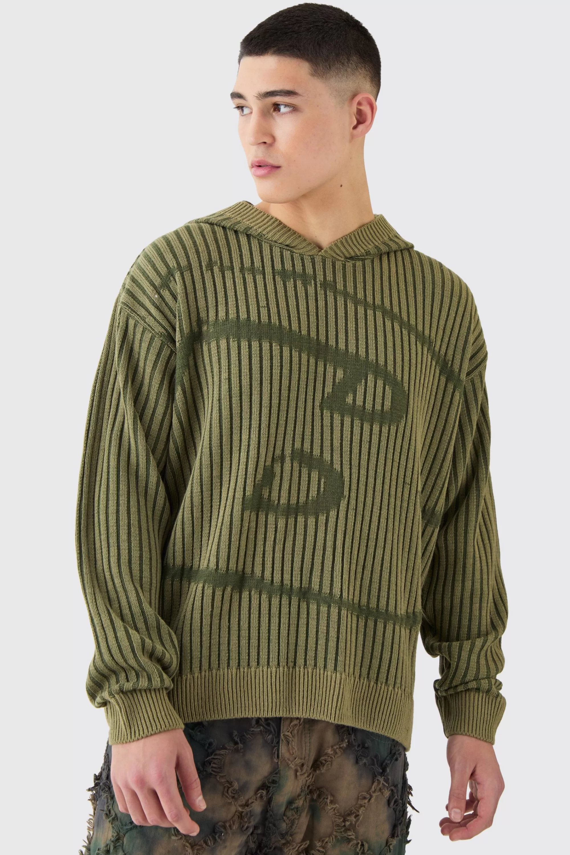 boohooMAN Oversized Boxy Branded Knitted Hoodie | UK