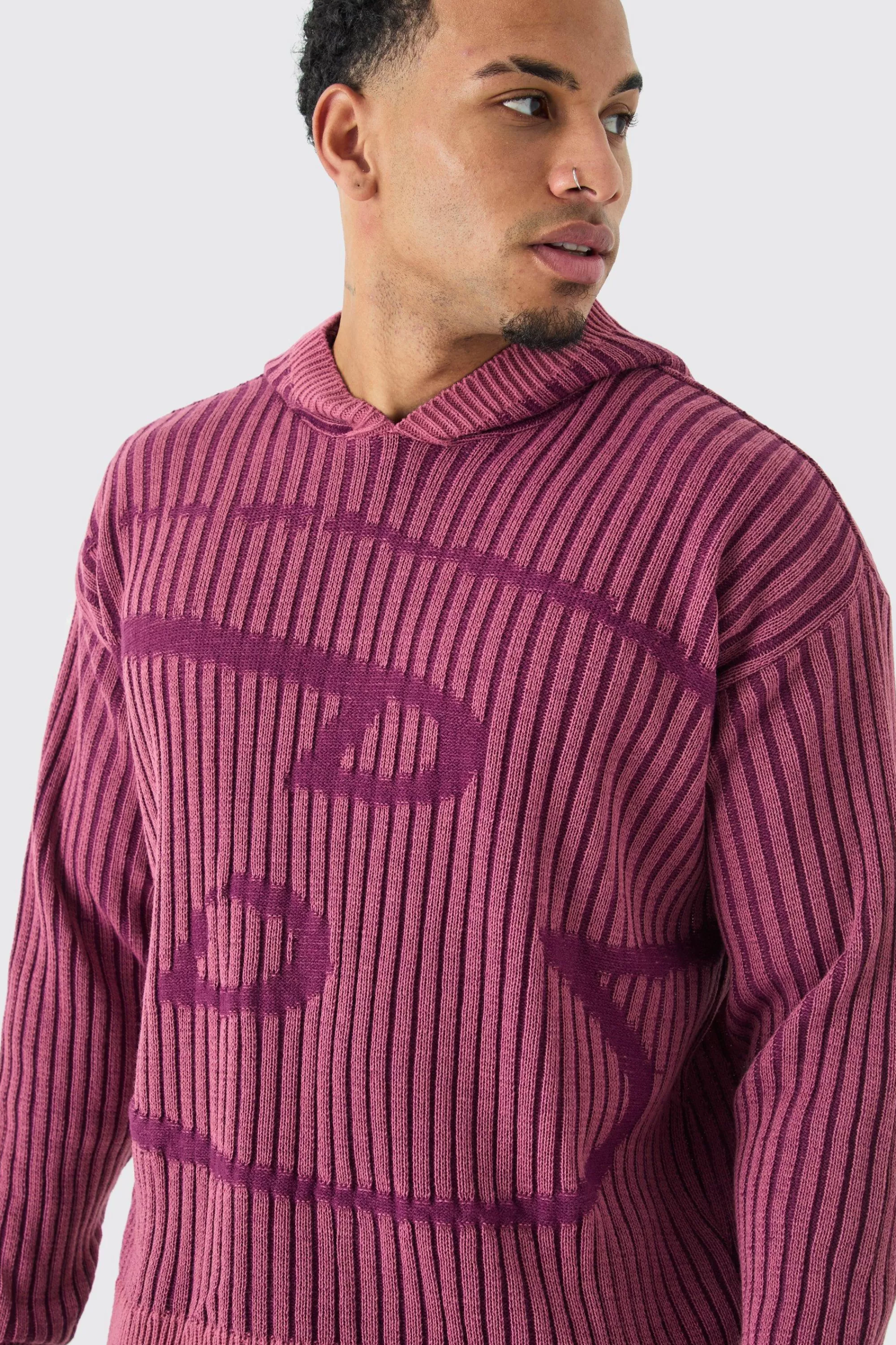 boohooMAN Oversized Boxy Branded Knitted Hoodie | UK