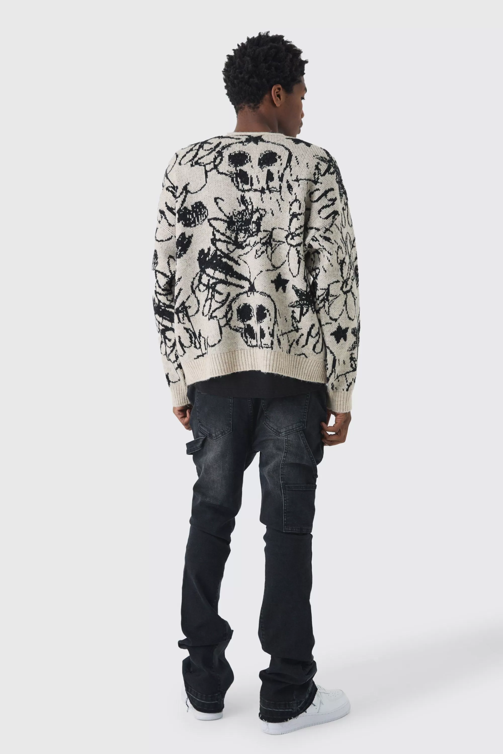 boohooMAN Oversized Boxy Brushed All Over Jacquard Knitted Cardigan | UK