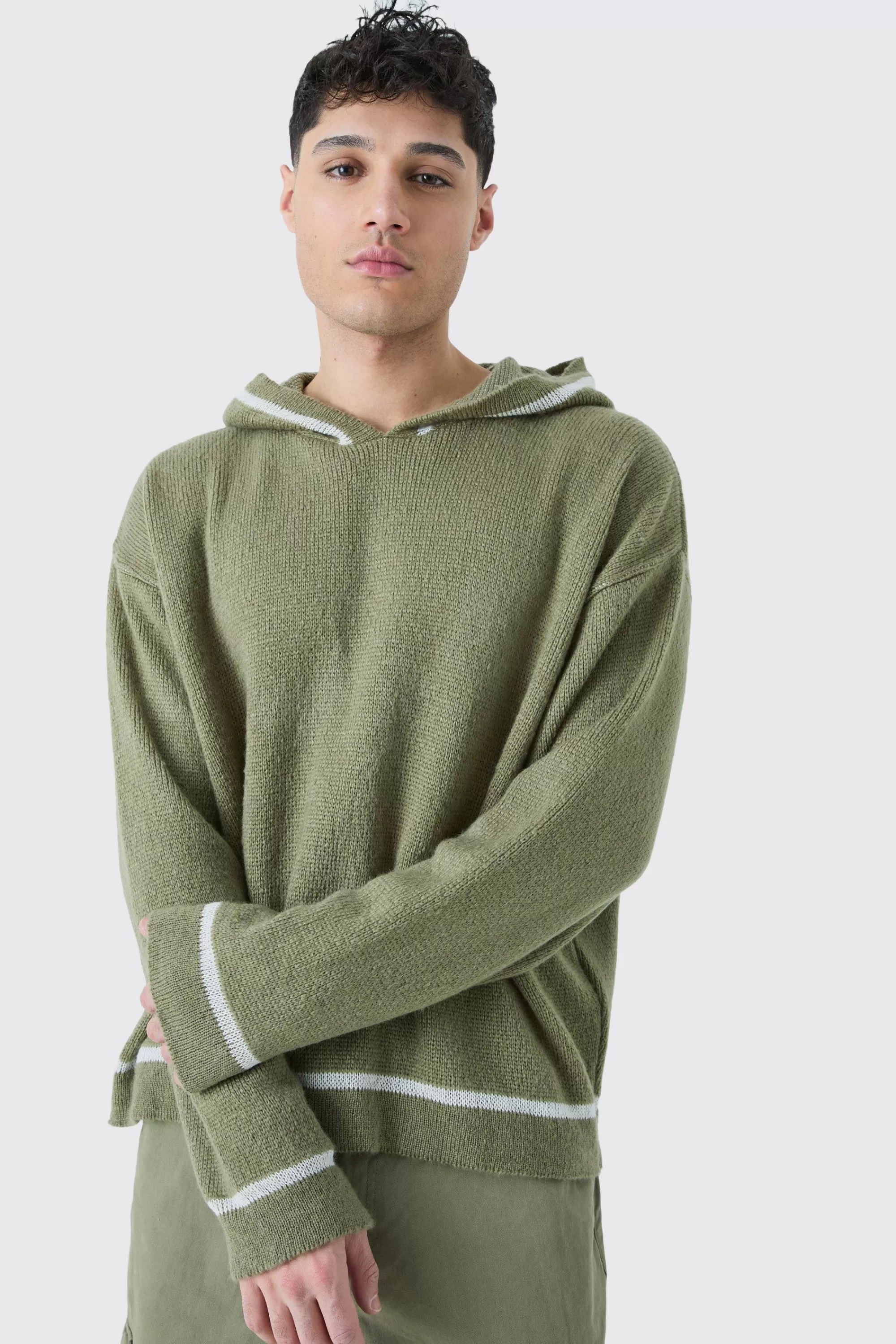 boohooMAN Oversized Boxy Brushed Contrast Stitch Knit Hoodie | UK