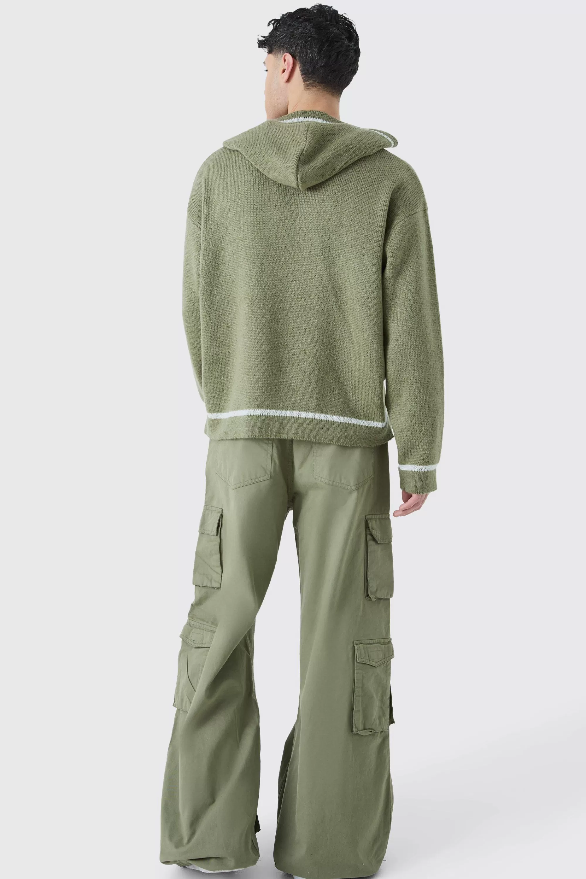 boohooMAN Oversized Boxy Brushed Contrast Stitch Knit Hoodie | UK