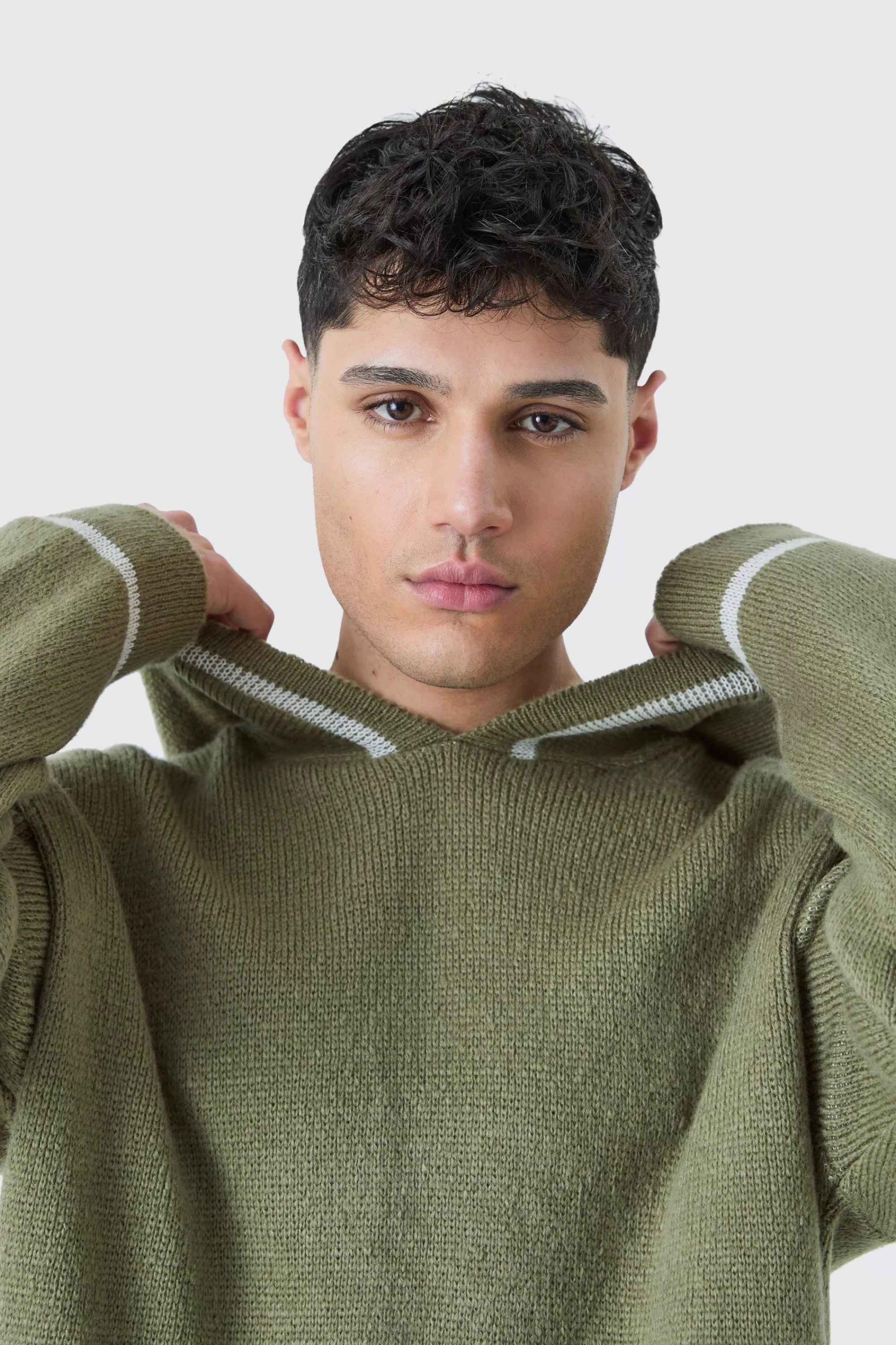 boohooMAN Oversized Boxy Brushed Contrast Stitch Knit Hoodie | UK