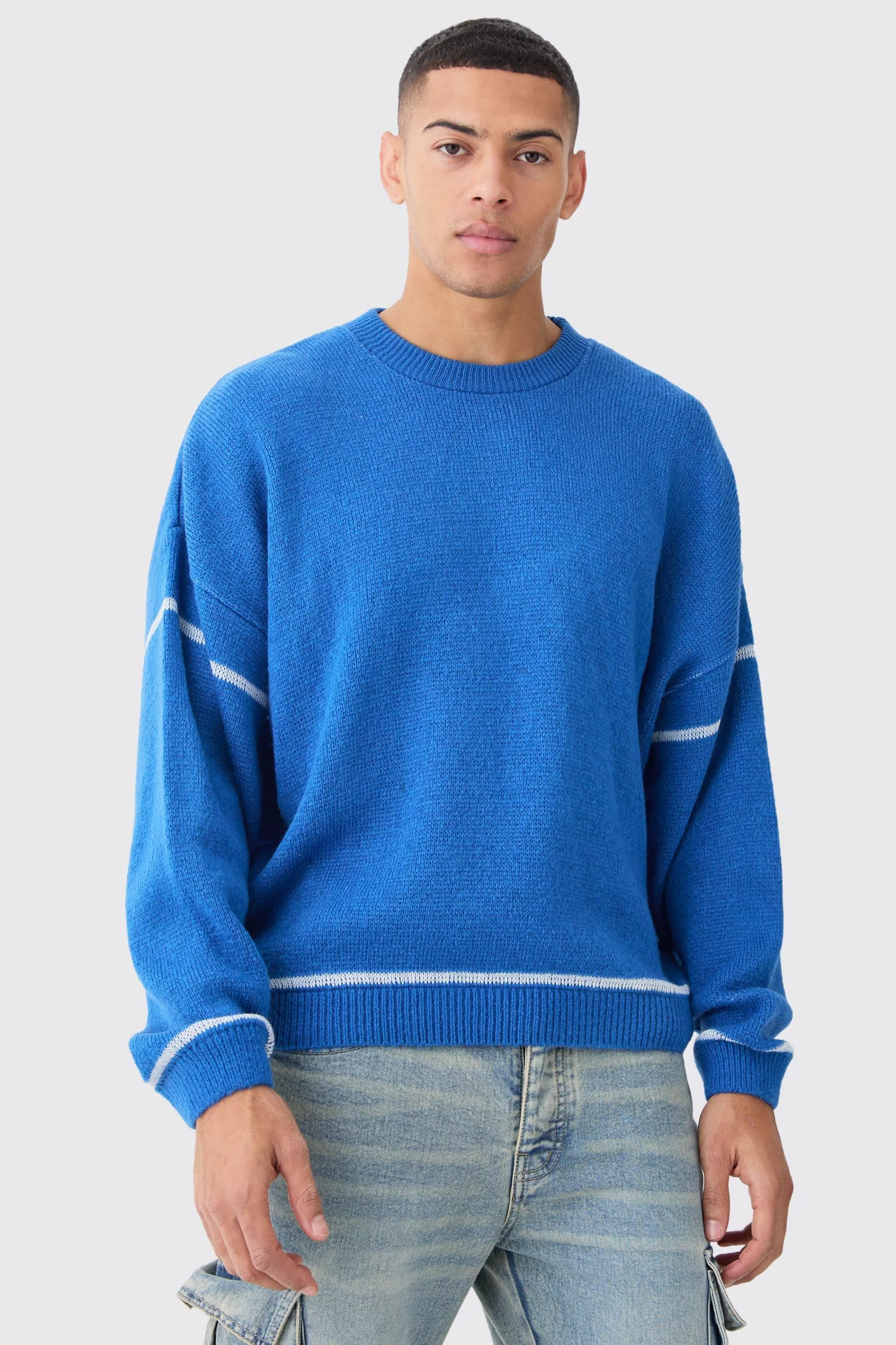 boohooMAN Oversized Boxy Brushed Contrast Stitch Knit Jumper | UK