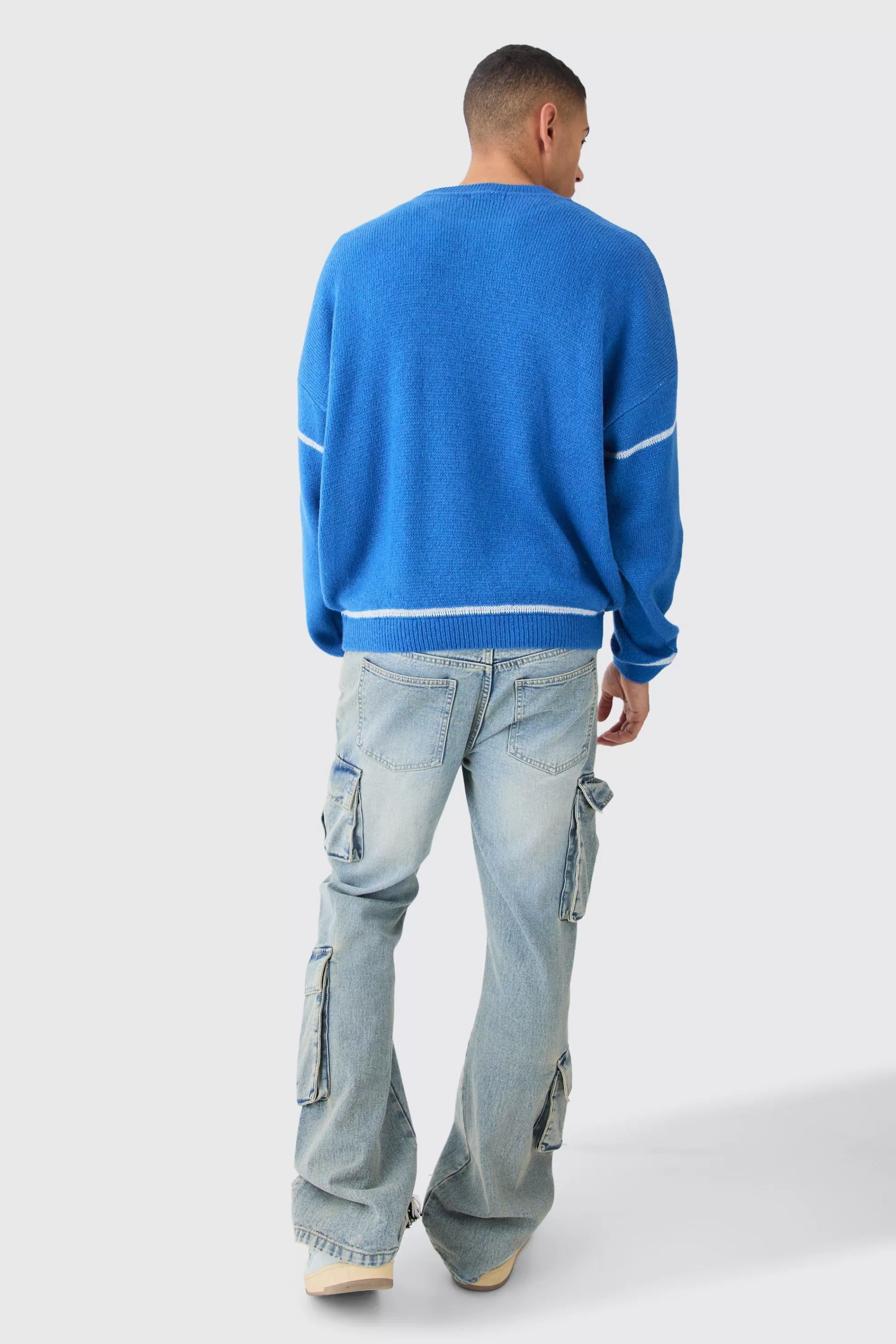 boohooMAN Oversized Boxy Brushed Contrast Stitch Knit Jumper | UK