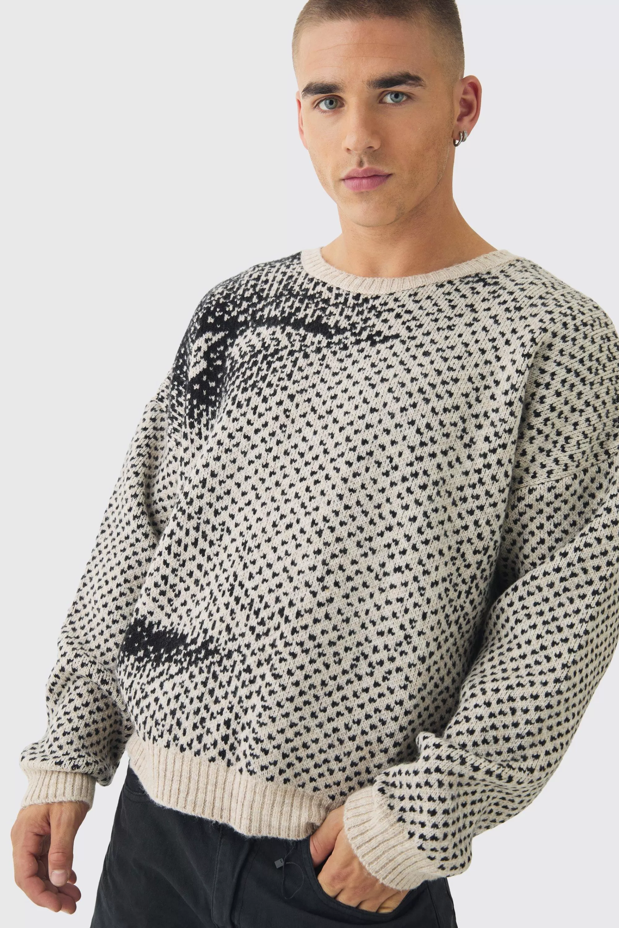 boohooMAN Oversized Boxy Brushed Face All Over Jacquard Jumper | UK