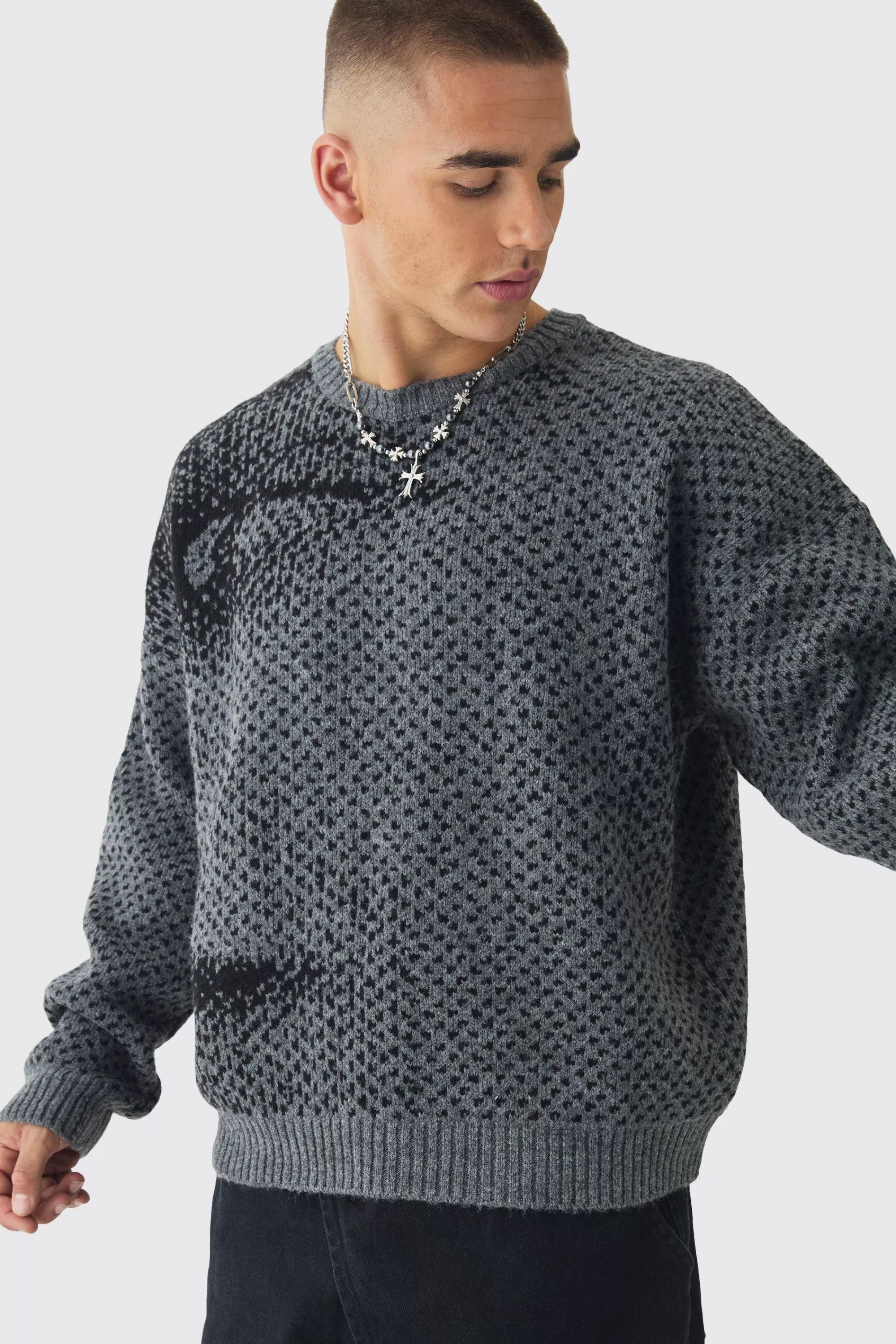 boohooMAN Oversized Boxy Brushed Face All Over Jacquard Jumper | UK