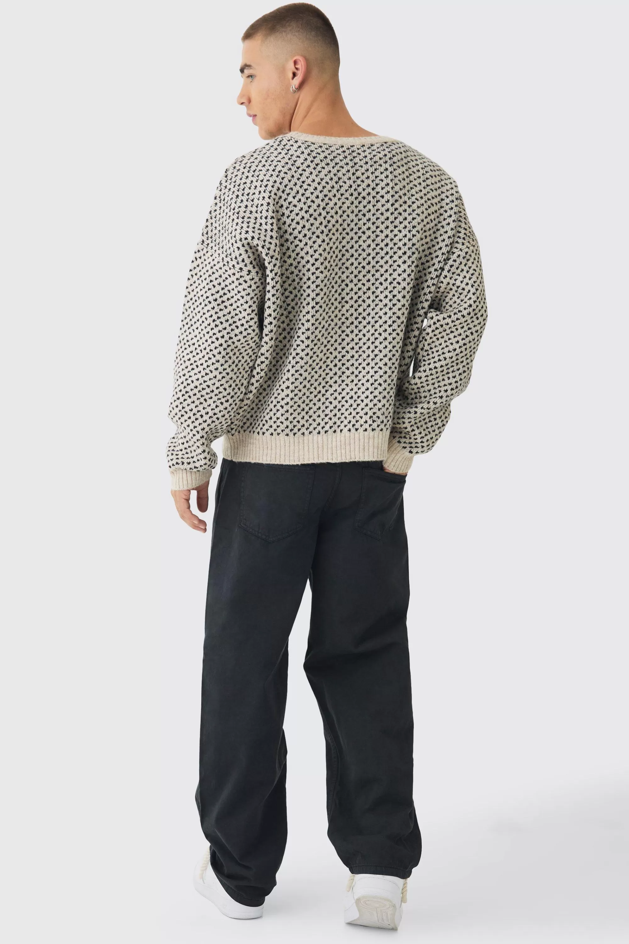 boohooMAN Oversized Boxy Brushed Face All Over Jacquard Jumper | UK