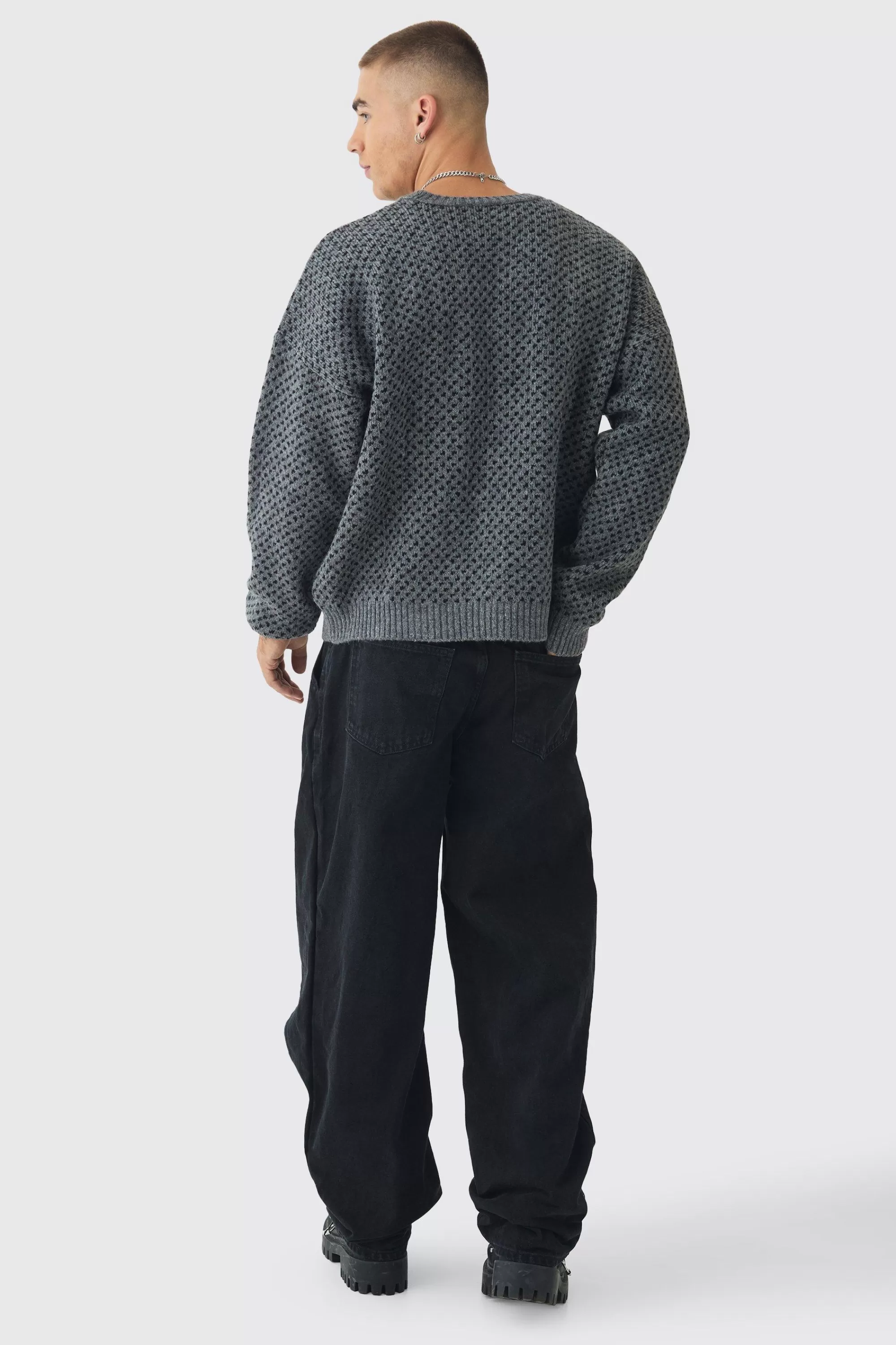boohooMAN Oversized Boxy Brushed Face All Over Jacquard Jumper | UK