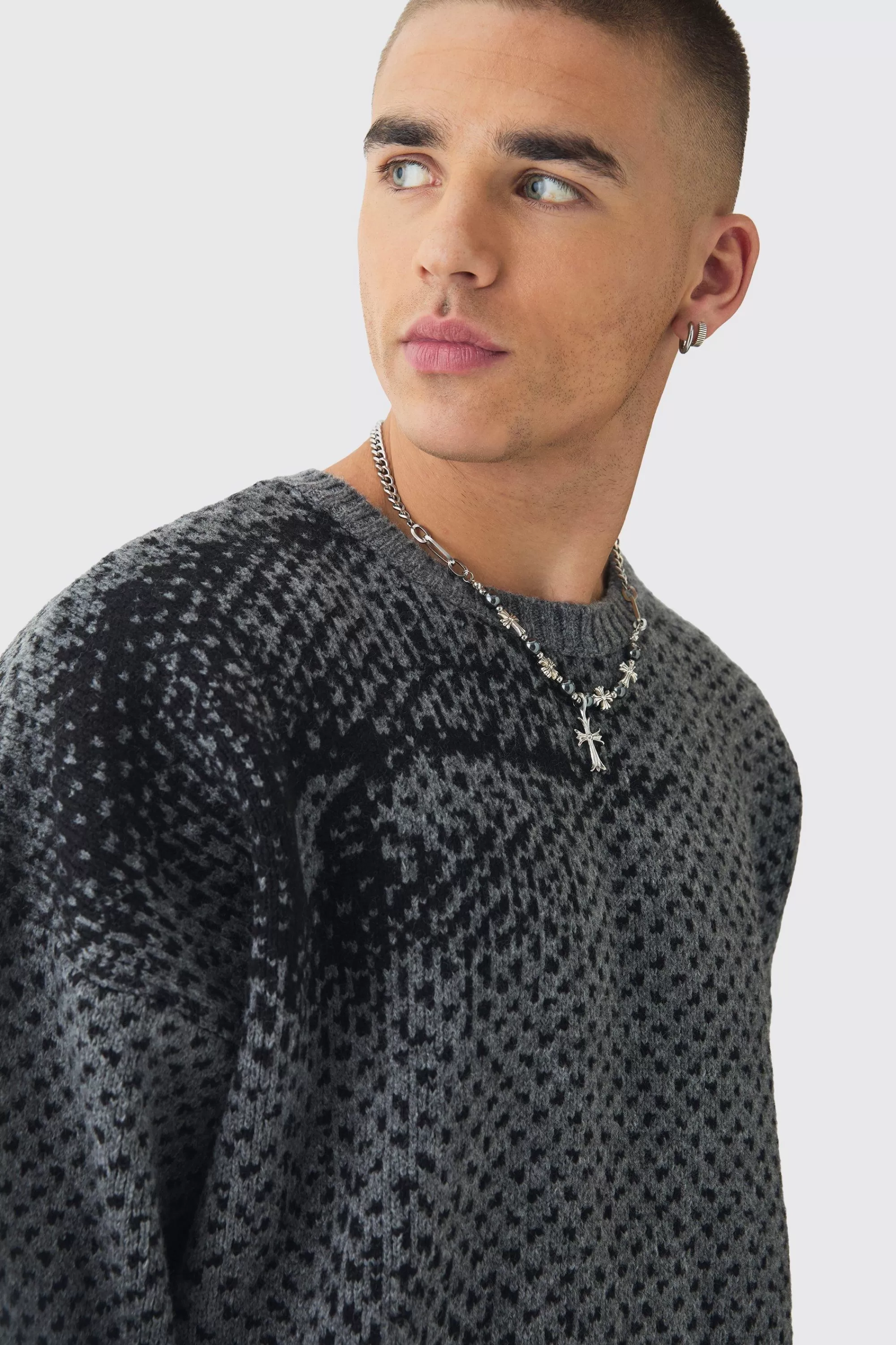 boohooMAN Oversized Boxy Brushed Face All Over Jacquard Jumper | UK